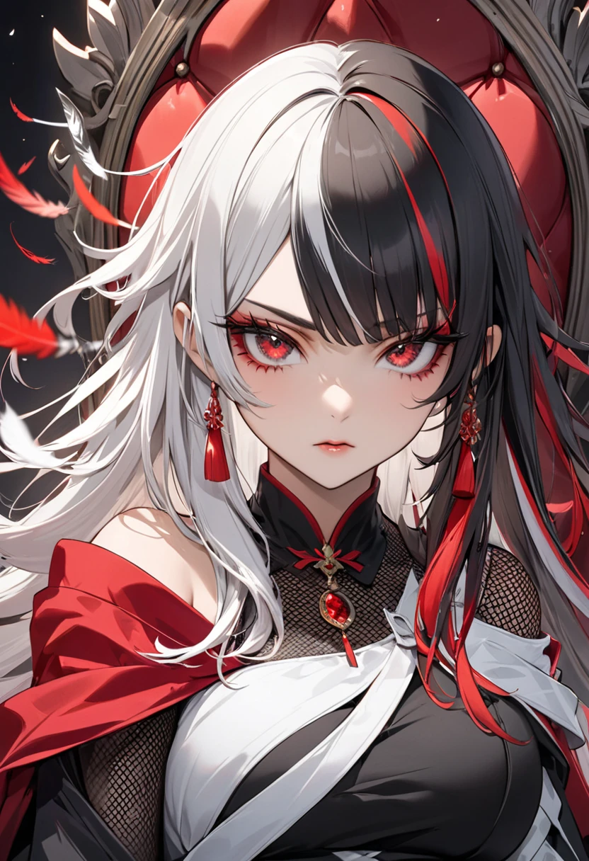 ゴージャスな髪型、red eyes、Cross background、cross earrings、crosses、(masterpiece、top-quality、extremely details CG、beatiful detailed eyes、ultra-detailliert、intricate-detail:1.2)、8k wallpaper、white hair、Photorealsitic、(((1girl)))、Eau、sunlights、1girl in
