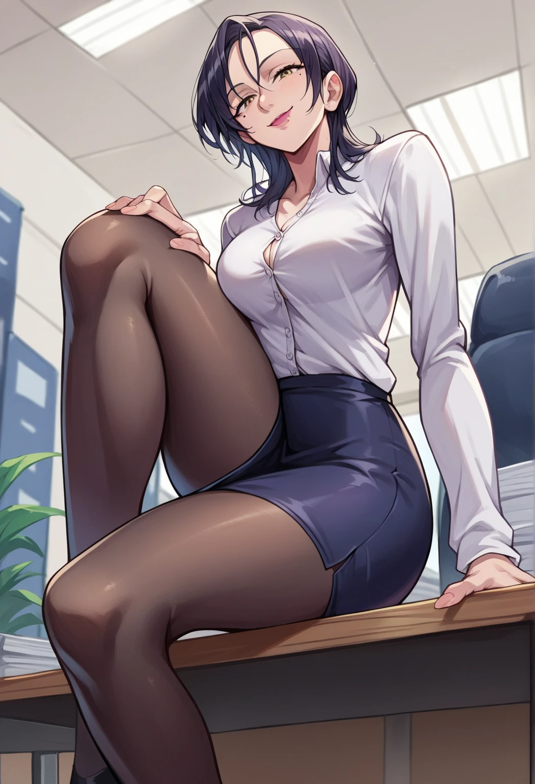 juri han, work of art, tight white secretary shirt with black tie, black high waist skirt, short skirt, short hair, black hair, black tights
