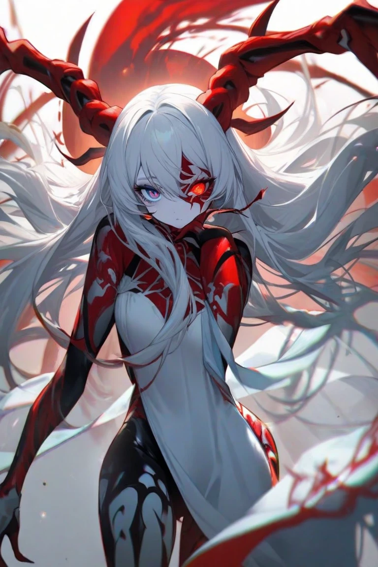 A girl with a red Oni mask, red horns, white hair, samurai armor, black thigh-high socks, and red and black plush shoes. [illustration], (best quality, 4k, highres, masterpiece:1.2), ultra-detailed, (realistic:1.37), portraits, vivid colors, studio lighting, flowing red and black color palette, sharp focus, anime aesthetics, intense lighting.