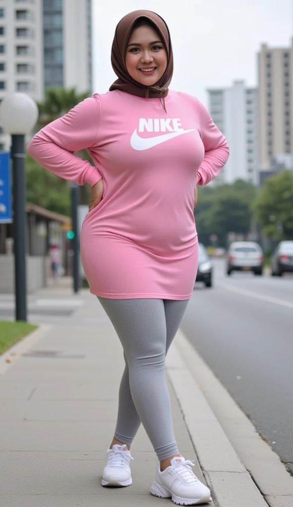 Ultra-realistic, 4k, 1girl, hot cute face, pretty face, cute eyes, fat body, wearing pink hijab, pink adidas sweatpants, tight long sleeve sports white tshirt, white sneakers, nervous facial expressions, at night, in street