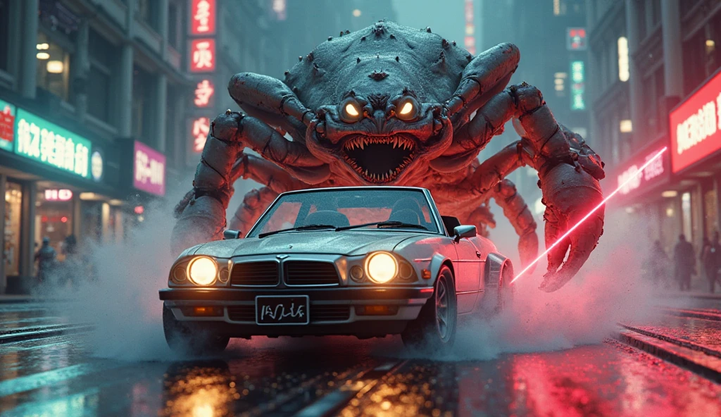sst, road, Car with canoe, A tall mech with a toy face, wire, A tiny mecha drone with glowing red eyes々、In the city、東京のIn the city、Beam-emitting monster