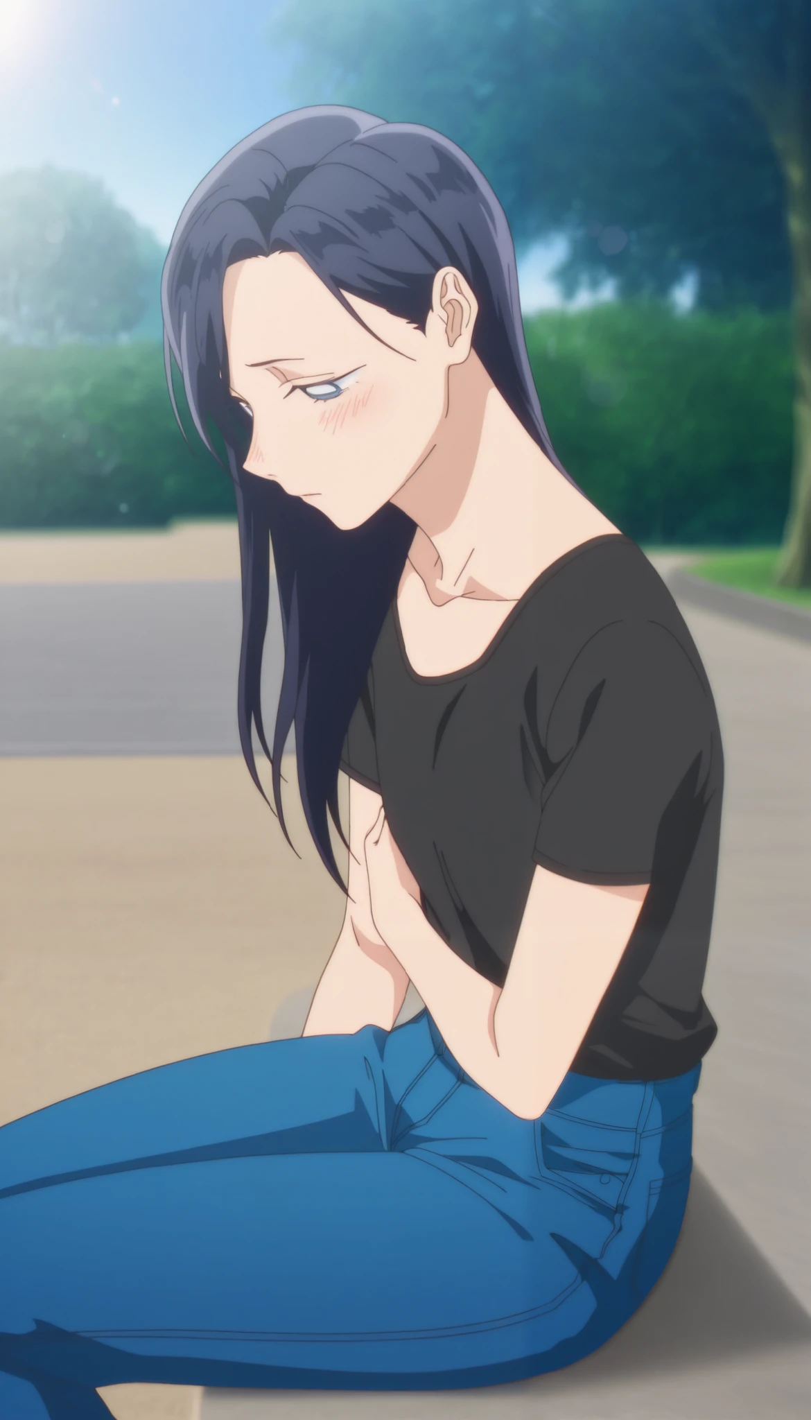 masterpiece, , absurdres, highres, detailed background, high resolution, masterpiece, necessary, detail, best quality, quality, necessary, details, High details, Precise, outdoors, park, lens flare,blurry background, from above, from side, blue sky,
1girl, detailed, 1girl,solo, karen_moriya, anime screencap, anime style, (aged up:1.4),
, sitting, arm under breasts, ,
1girl, mature, long_hair, blue eyes, ((half eyes closed)), (black T shirt), denim pants, looking down, looking away , blush, ((small breast, flat chest)),