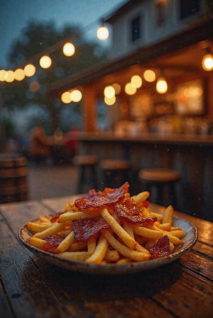 a plate of French fries and pieces of bacon on a table outside the bar and at night