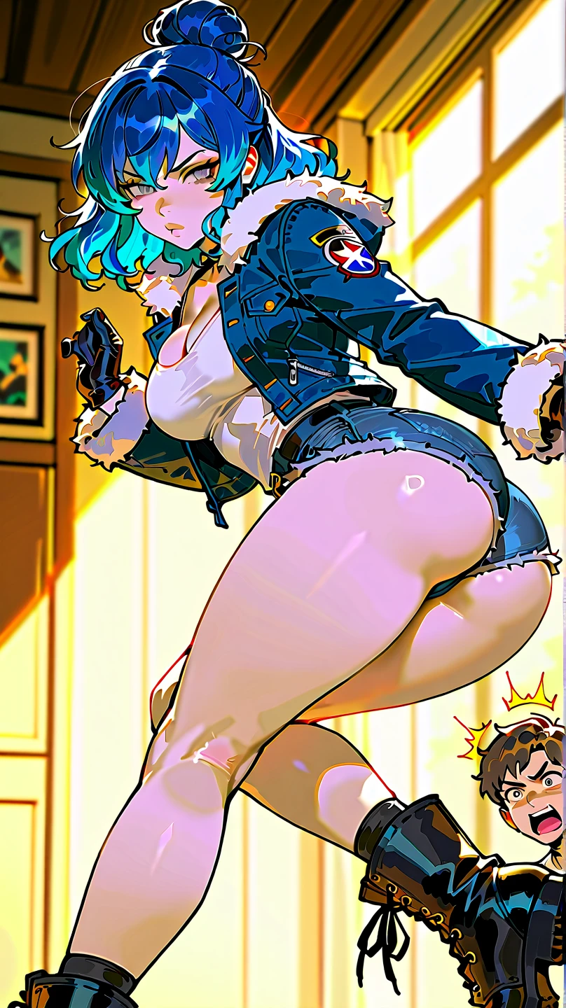 Corda em V, Cuide disso, saia para cima, Traseira grande, Rosto detalhado, obra prima, melhor qualidade, Tatsumaki, (Sob a minissaia, O bumbum grande e redondo espreita)), ((Underneath the miniskirt you can see the round butt)), corpo inteiro, uma , Uma menina