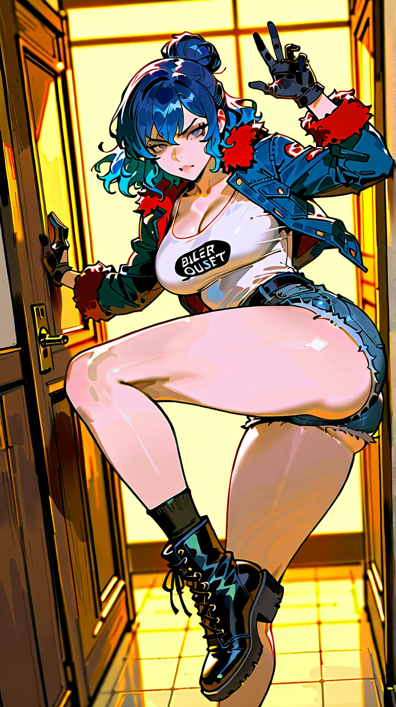 1girl, Latina woman ((white shirt, black tie, suspenders, massive breasts: 1,4, colossal cleavage: 2.0, exposed breasts)), luminous skin, exquisite face, round face, steady look, ponytail multicoloredl blue hair, slender waist, wide hips, glowing mouth, thick-thighs, muscular arms, grinning, bulging woman, symmetrical eyes, detailed hands, detailed eyes, attractive body, Beautiful and symmetrical body, perfect body, curvy body. striking a delicate pose