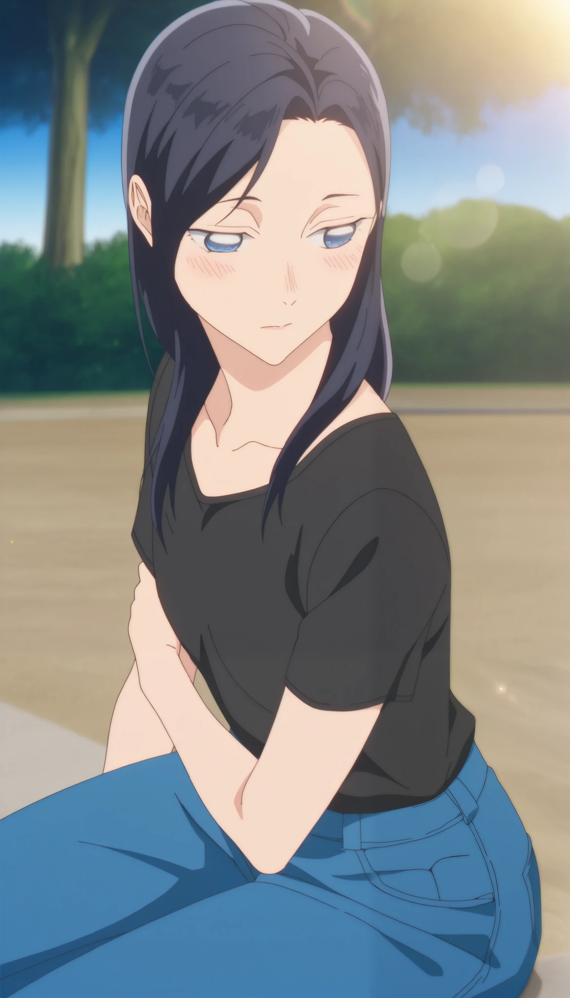 masterpiece, , absurdres, highres, detailed background, high resolution, masterpiece, necessary, detail, best quality, quality, necessary, details, High details, Precise, outdoors, park, lens flare,blurry background, from above, from side, blue sky,
1girl, detailed, 1girl,solo, karen_moriya, anime screencap, anime style, (aged up:1.4),
, sitting, arm under breasts, ,
1girl, mature, long_hair, blue eyes, ((half eyes closed)), (black T shirt), denim pants, looking down, looking away , blush, ((small breast, flat chest)),