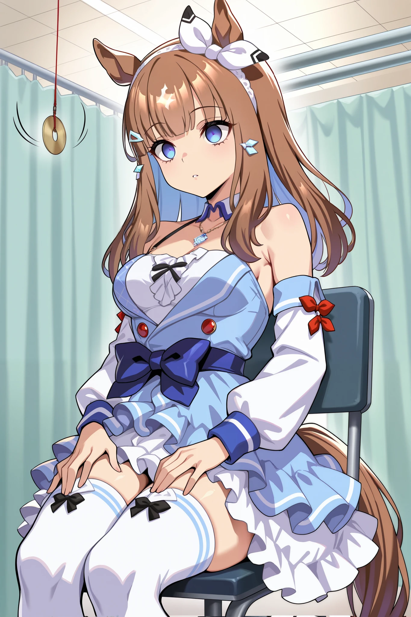 (masterpiece, ultra high definition, 16k, RAW photo, intricate), (sharp focus, crisp details), rich colors, vibrant details, noise reduction, 1girl , ((almond eye \( Uma Musume\)), (One Pendulum , Swinging pendulum, Pendulum before her eyes:1.9), Another person's hand holds a pendulum, (empty eyes:1.9), Infirmary, sitting chair, Put your hands on your thighs, official costume, Motion line, motion Effect, (cowboy shot), blue eyes, hairband , (red ribbon), blue dress, detached sleeves, frills, bare shoulders, medium breasts, bow, layered skirt, horse tail, white thighhighs, necklace, (Very slim thighs), simple background, blur the background, nsfw