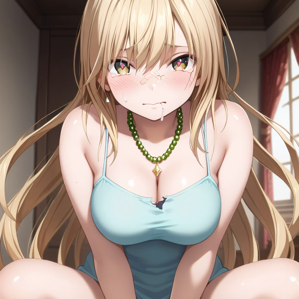masterpiece,best quality,1girl,breasts,long wavy hair,brown hair,light brown hair,purple eyes,hair over one eye,1girl,purple eyes, hair over one eye, bangs disheveled strand hair, mature, ahegao_face, sports bra, thong, bedroom,