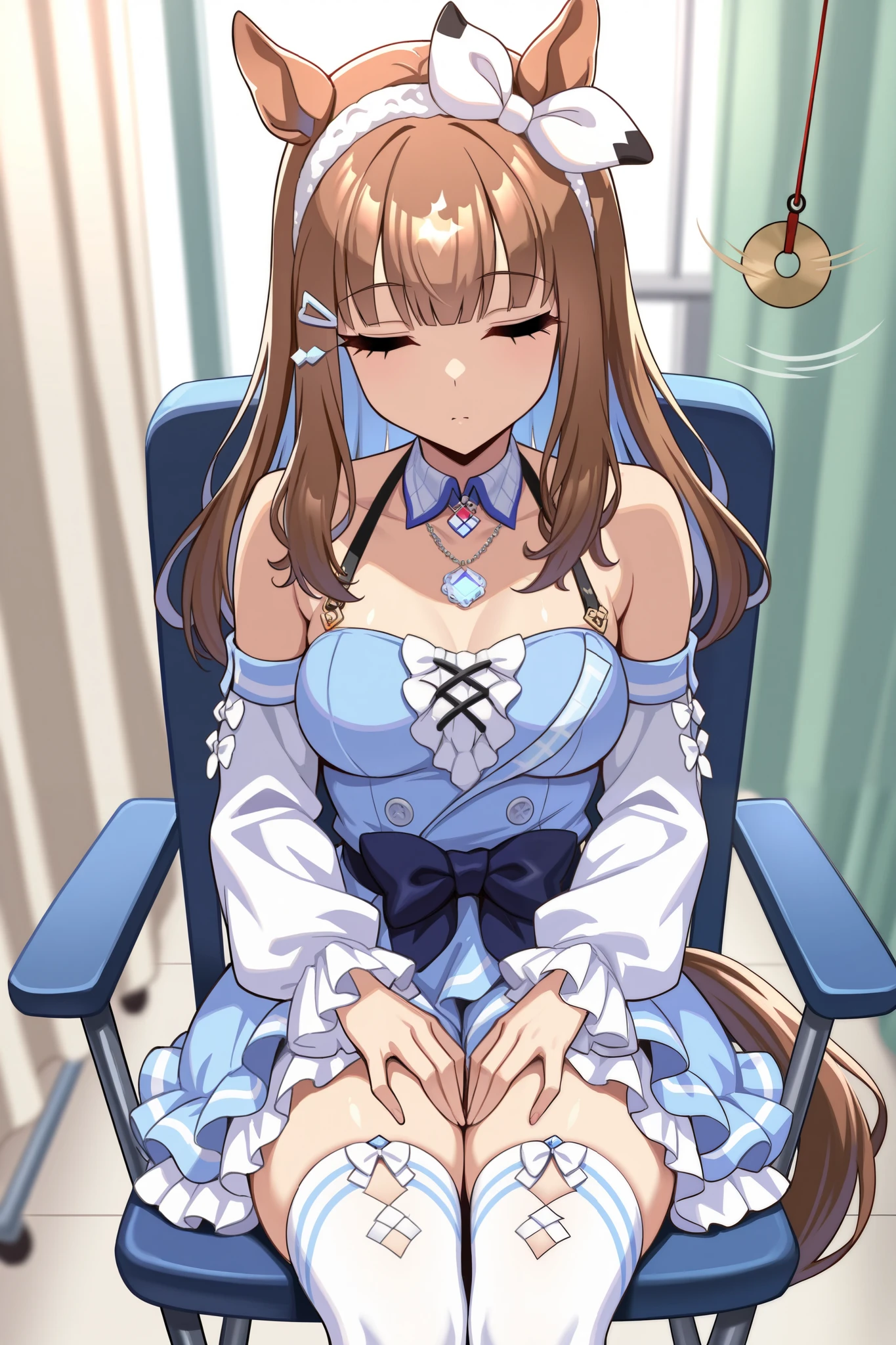 (masterpiece, ultra high definition, 16k, RAW photo, intricate), (sharp focus, crisp details), rich colors, vibrant details, noise reduction, 1girl , ((almond eye \( Uma Musume\)), (One Pendulum , Swinging pendulum, Pendulum before her eyes:1.9), Another person's hand holds a pendulum, (empty eyes, half closed eyes:1.9), Infirmary, sitting chair, Put your hands on your thighs, official costume, Motion line, motion Effect, (cowboy shot), blue eyes, hairband , (red ribbon), blue dress, detached sleeves, frills, bare shoulders, medium breasts, bow, layered skirt, horse tail, white thighhighs, necklace, (Very slim thighs), simple background, blur the background, nsfw
