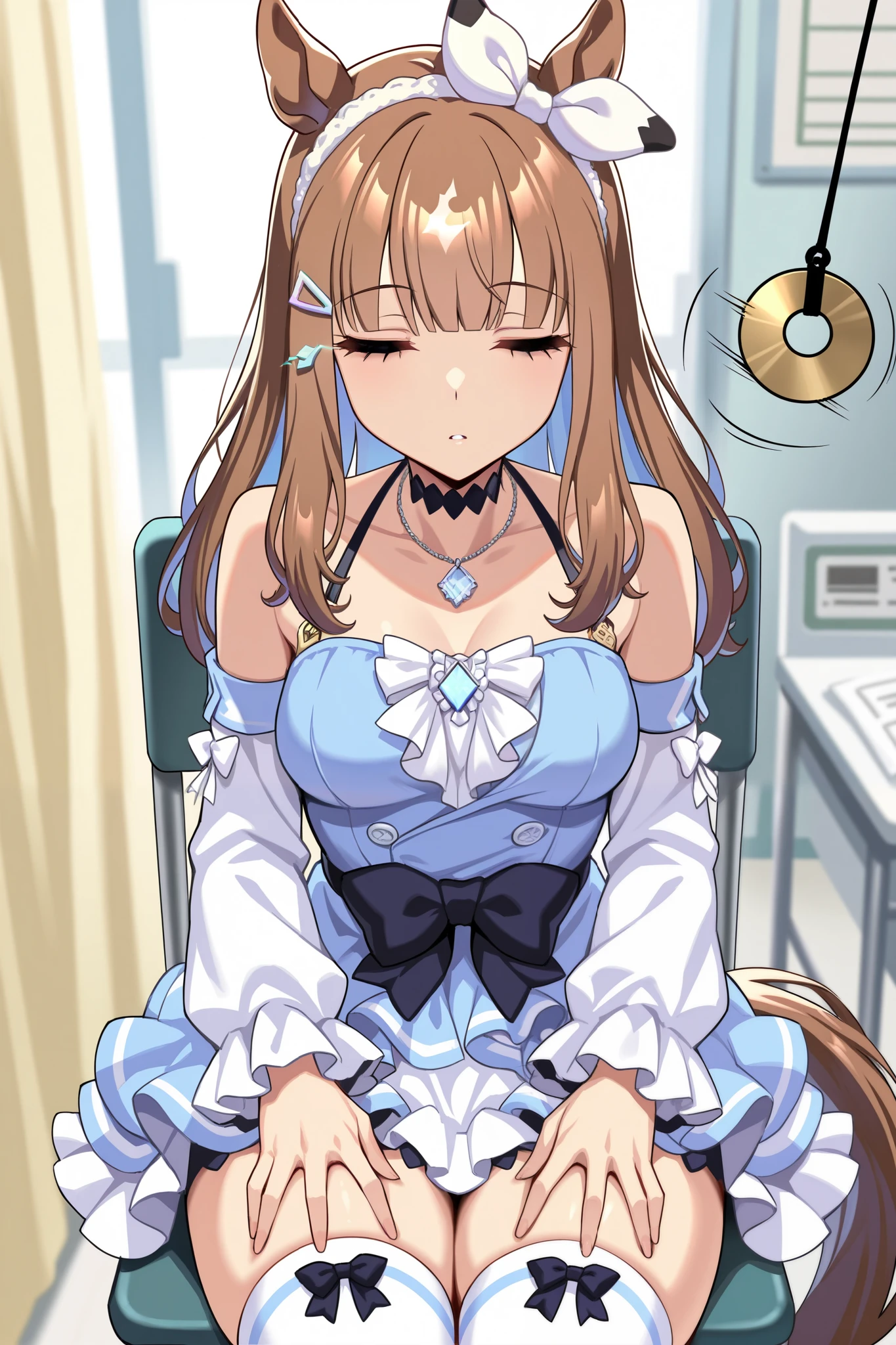 (masterpiece, ultra high definition, 16k, RAW photo, intricate), (sharp focus, crisp details), rich colors, vibrant details, noise reduction, 1girl , ((almond eye \( Uma Musume\)), (One Pendulum , Swinging pendulum, Pendulum before her eyes:1.9), Another person's hand holds a pendulum, (empty eyes, half closed eyes, Sleepy eyes:1.9), Infirmary, sitting chair, Put your hands on your thighs, official costume, Motion line, motion Effect, (cowboy shot), blue eyes, hairband , (red ribbon), blue dress, detached sleeves, frills, bare shoulders, medium breasts, bow, layered skirt, horse tail, white thighhighs, necklace, (Very slim thighs), simple background, blur the background, nsfw