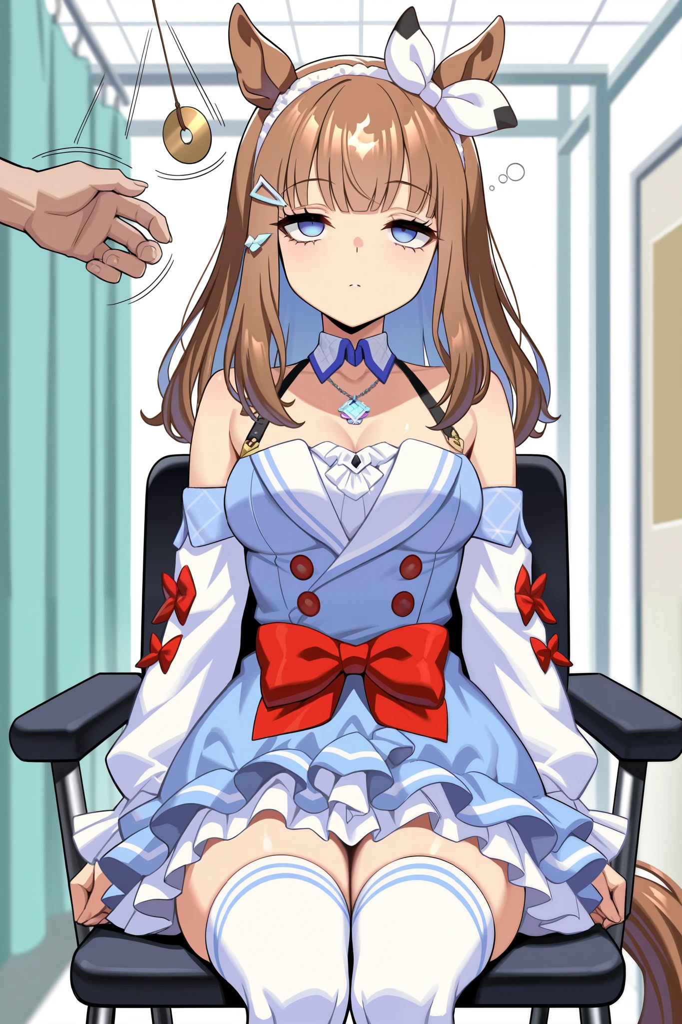 (masterpiece, ultra high definition, 16k, RAW photo, intricate), (sharp focus, crisp details), rich colors, vibrant details, noise reduction, 1girl , ((almond eye \( Uma Musume\)), (One Pendulum , Swinging pendulum, Pendulum before her eyes:1.9), Another person's hand holds a pendulum, (empty eyes, half closed eyes, Sleepy eyes:1.9), Infirmary, sitting chair, Place your hands at your sides., Sluggish hands, official costume, Motion line, motion Effect, (cowboy shot), blue eyes, hairband , (red ribbon), blue dress, detached sleeves, frills, bare shoulders, medium breasts, bow, layered skirt, horse tail, white thighhighs, necklace, (Very slim thighs), simple background, blur the background, nsfw
