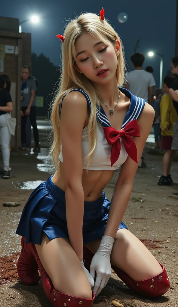 Jennie Blackpink Gorgeous Sheer Blue Short Dress, ​masterpiece, best qualtiy, High resolution, venus1, Yui, (Sailor Senshi Uniform:1.4), sailorvenus, aino minako, Golden white hair, magical , blue eyes, orangeskirt, Elbow length gloves, tiarra, 60% Pleated mini-skirt , hair bows, Sailor color in orange, a miniskirt, gargantilha, Red bow, orangechoker, white glove, Very long hair, jewely, earrings, Denim Throws, View from below, ((intricate detailes)), They are smiling,,More detailed 8K.Unreal Engine:1.4,nffsw,best qualtiy:1.4, Photorealista:1.4, Skin Texture:1.4, ​masterpiece:1.8,​masterpiece, Better Quality,Object Objects], (detailed facial features:1.3),(Destroyed apocalyptic city:1.4),( jennieBlackpink:1.4)C:1.4), 16K HDR,),sexypose,((Skirt soars))、((White lace panties:1.2))(8K、RAW Photos、top-quality、​masterpiece:1.2)、(realisitic、Photorealsitic:1.37)、１Beautiful Japan High School Girl、perfect bodies、20yr old、Sexy Girl Sailor Suit Costume、Medium Boob、(Light shines on the face and chest)、(((((underboob)))))、Lower breast、Oily skin、skinny、 (Sexy uniform with a slight view of the underside of the chest)、(Visible lower milk、Uniform with navel and ribs visible)、Super Ultra Mini Skirt with visible hipbones and lower abdomen 、sensual face、provocative smiling、