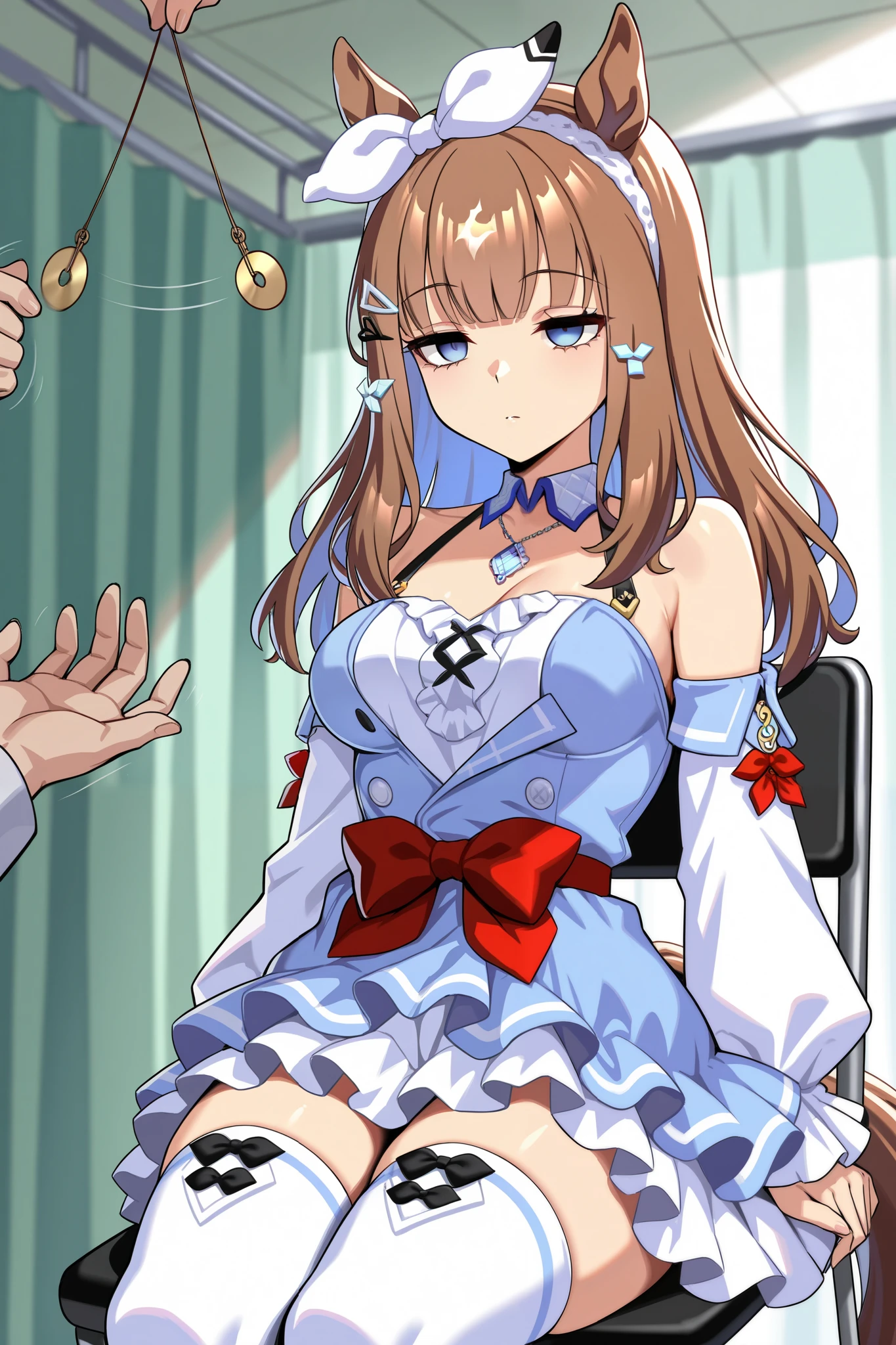(masterpiece, ultra high definition, 16k, RAW photo, intricate), (sharp focus, crisp details), rich colors, vibrant details, noise reduction, 1girl , ((almond eye \( Uma Musume\)), (One Pendulum , Swinging pendulum, Pendulum before her eyes:1.9), Another person's hand holds a pendulum, (empty eyes, half closed eyes, Sleepy eyes:1.9), Infirmary, sitting chair, Place your hands at your sides., Sluggish hands, official costume, Motion line, motion Effect, (cowboy shot), blue eyes, hairband , (red ribbon), blue dress, detached sleeves, frills, bare shoulders, medium breasts, bow, layered skirt, horse tail, white thighhighs, necklace, (Very slim thighs), simple background, blur the background, nsfw
