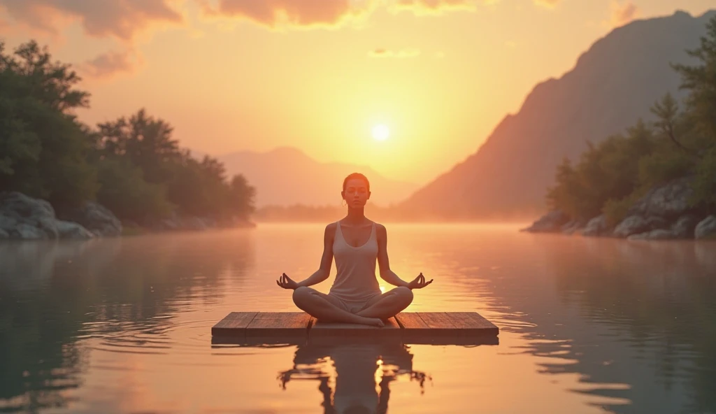 A woman filmed with her back facing the sunrise in a meditative position with nature and a calm lake around her, the woman is sitting on a rug and a cushion on a wooden pier, a color palette s]in shades of blue and yellow.. ultra realistic image,