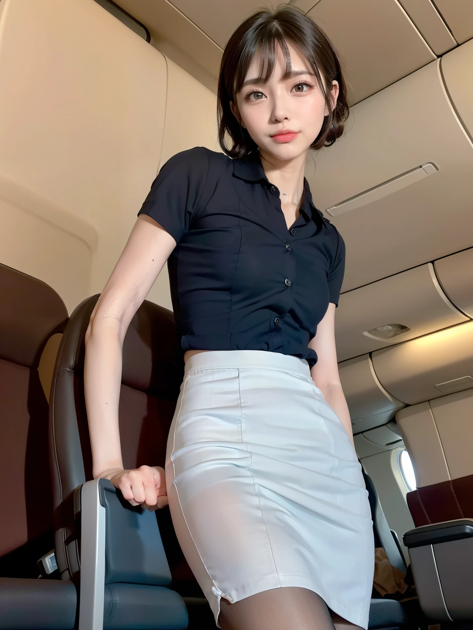 tmasterpiece:1.3), A high resolution, ultra - detailed, extremely detaild的 CG unified 8k wallpapers, actual, photo-actual, RAW photogr, beautiful detailed face, pale-skinned, actual skin, The texture of the fabric is delicate, Detailed hair texture, proporções perfeitas, Nice face, Accurate, 解剖学Upp正确的, Highly Detailed Face and Skin Textur, natural neck length, (beautiful lucky skin:1.2), lean legs, thin feet, Sexy thighs, intermittently, 詳細な目, symetrical eyes, light brown eyes, 二重まぶた, tthin eyebrows, (glossy lips:1.4), ((belosoriso:1.2)), (face flushed:1.2), intermittently, (((1 Sister))), (Dressed in elegant Japan Airlines stewardess uniform:1.2), humongous large breast,Revealed,Upp,plumw,E杯 (medium), (long slim figure:1.2), (dark brown hair, curlies), ((Short hair details, asymmetricalbangs:1.2)), (Full body photo:1.2), ((seen from the front:1.3)),超特写 intermittently, ((Standing on the first floor,Bend your legs:1.2)), (Inside a private jet: 1.2),