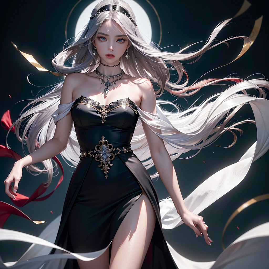 greek goddes, long white hair, red eyes, black dress, one girl, greek, art, greek art, goddes, queen, semi realistic, 8k, red eyes