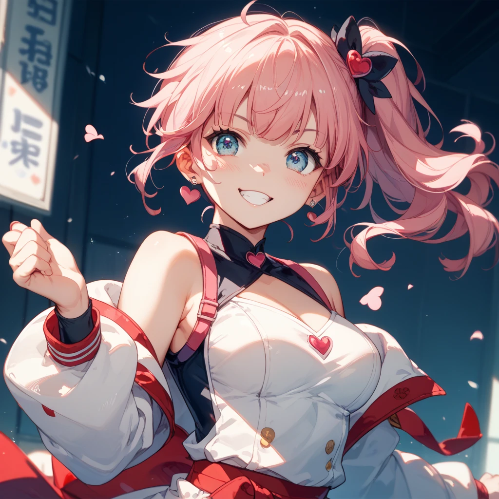 tepaste, short hair, white hair, multicolored hair, red hair, bangs, blue eyes, cropped jacket, red jacket, jumpsuit, cleavage, smile, standing, city <lora:tepaste:1>