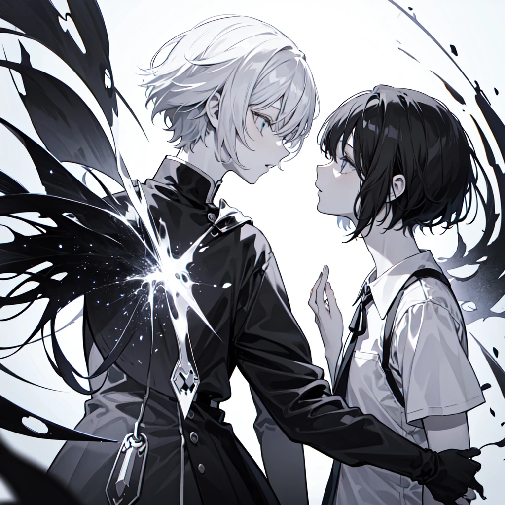((masterpiece, highest quality)), (1 girl), (alone), (female focus), (Ahoge, gray hair, short hair), black eye, ((white shirt), (buttoned shirt)), ((black skirt), (short skirt)), Are standing, white background, turn your arms behind your back,