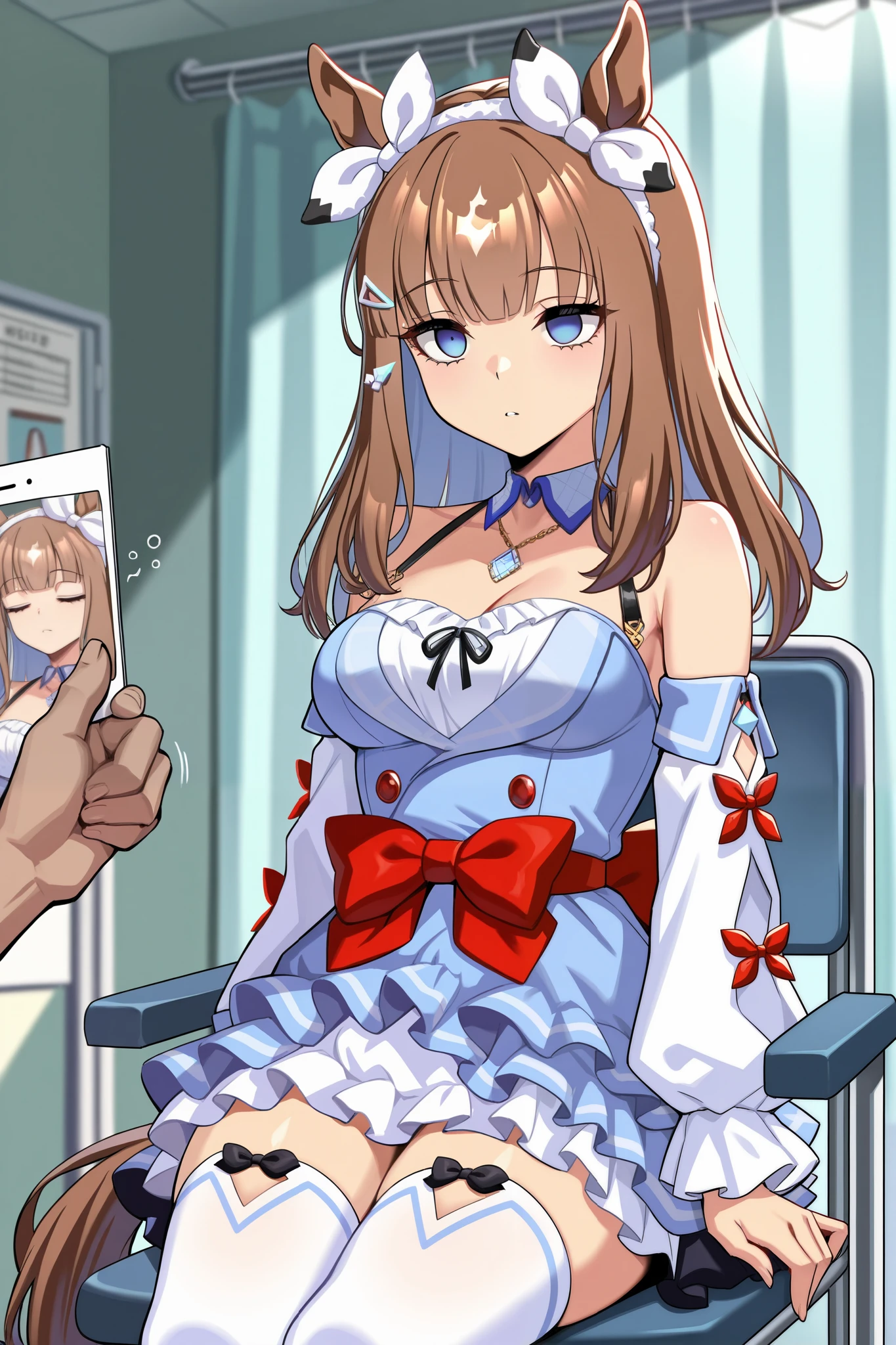 (masterpiece, ultra high definition, 16k, RAW photo, intricate), (sharp focus, crisp details), rich colors, vibrant details, noise reduction, 1girl , ((almond eye \( Uma Musume\)), (One Pendulum , Swinging pendulum, Pendulum before her eyes:1.9), Another person's hand holds a pendulum, (empty eyes, half closed eyes, Sleepy eyes:1.9), Infirmary, sitting chair, Place your hands at your sides., Sluggish hands, official costume, Motion line, motion Effect, (cowboy shot), blue eyes, hairband , (red ribbon), blue dress, detached sleeves, frills, bare shoulders, medium breasts, bow, layered skirt, horse tail, white thighhighs, necklace, (Very slim thighs), simple background, blur the background, nsfw