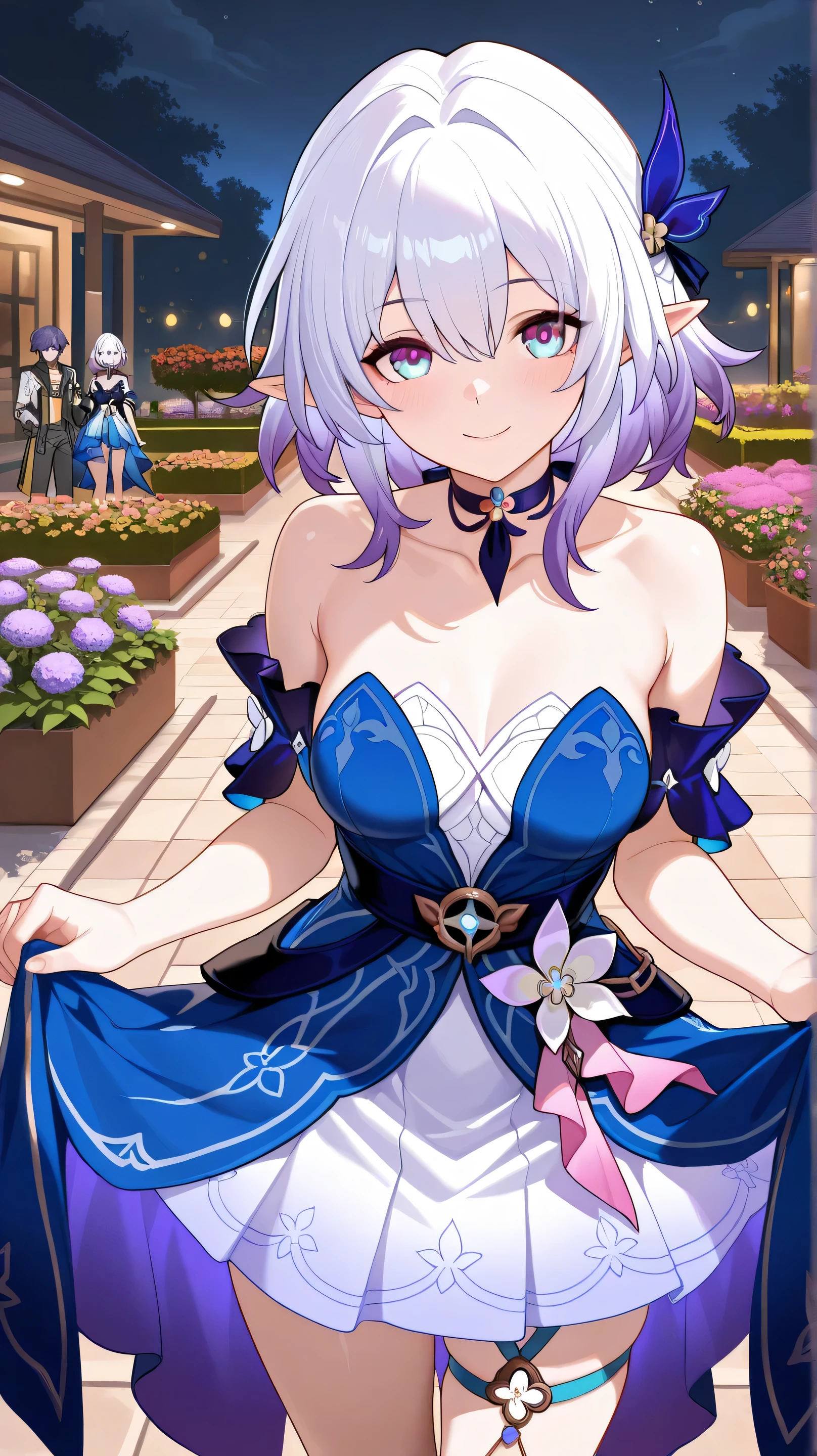 <lora:camila-10:0.8> masterpiece, best quality, absurdres, colorful, outdoors, day, 1girl, solo, camila (vtuber), looking at viewer, upper body, smile, pointy ears, cleavage, elbow gloves