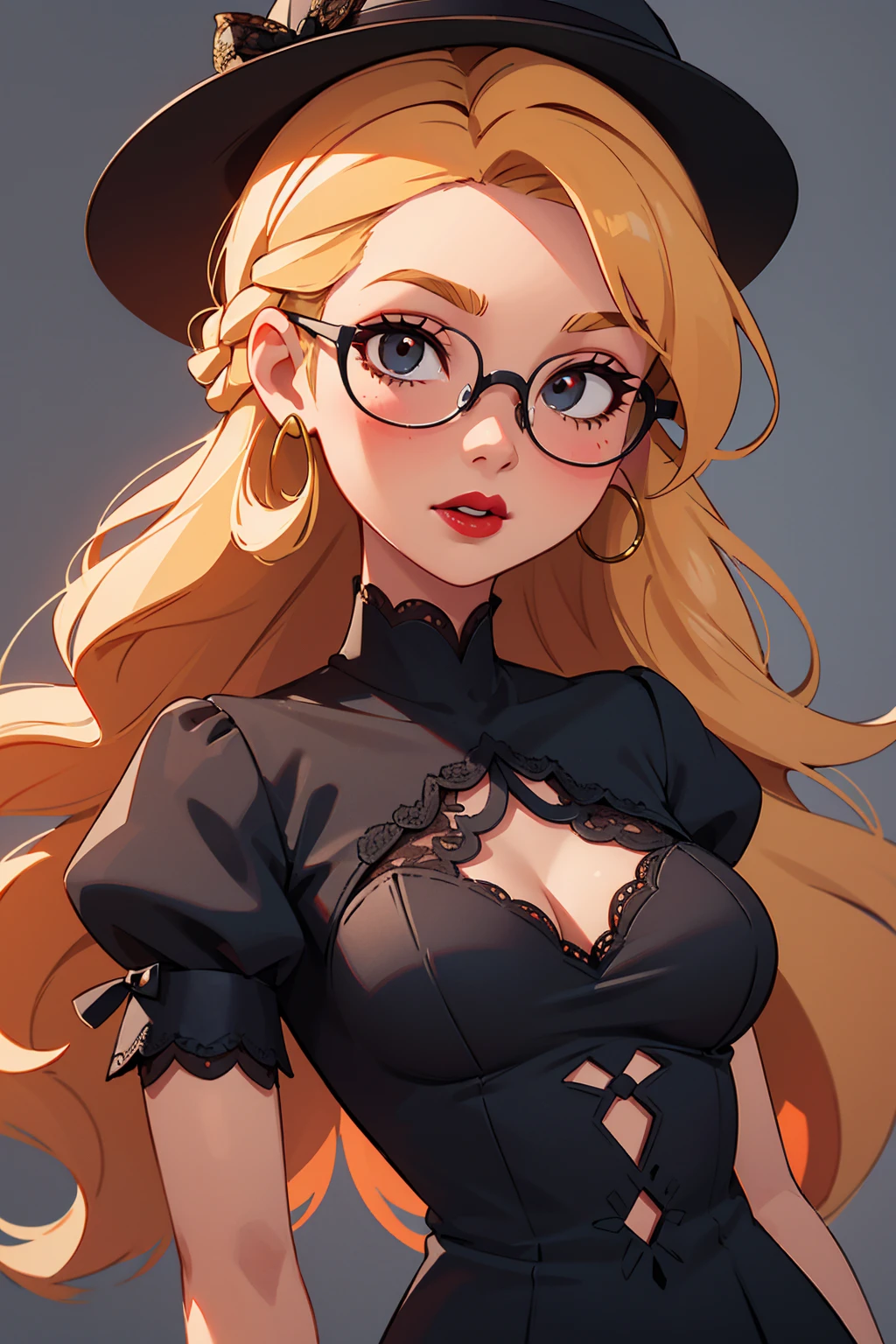 woman, blonde hair, long hair, ponytail, pale skin, blue eyes, makeup, annoyed, annoyed eyes, ((Ringed Eyes)), ((Big Breasts)) detailed ultra detailed best quality detailed background, {{masterpiece}}, {{an extremely detailed and delicate}} {8k cg wallpaper} {stunning art} {{illustration}} (((absurdres))) {amazing} beautiful detailed hair beautiful shadow realistic shadow (beautiful light) (realistic light),extremely detailed CG unity 8k wallpaper,(masterpiece), (best quality), (ultra-detailed), (best illustration),(best shadow), black greatcoat, cleavage, busty, glasses, studio ghibli (style),