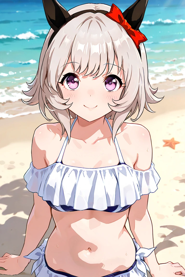 <lora:KagamigawaNoelleV1:1>kagamigawa noelle, kagamigawa noelle\(black swimsuit\), kagamigawa noelle\(hair bow\), 1girl, solo, collarbone, bracelet, masterpiece, best quality,beach,sitting,