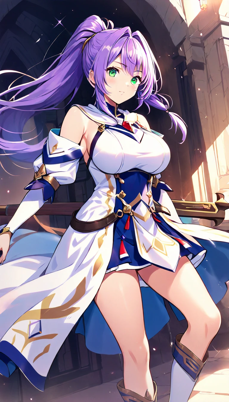 1girl has a tall figure and has is long, purple hair. She wears a white dress, combined with black line elements. She wears a white hair ornament and carries an extremely large golden sword.