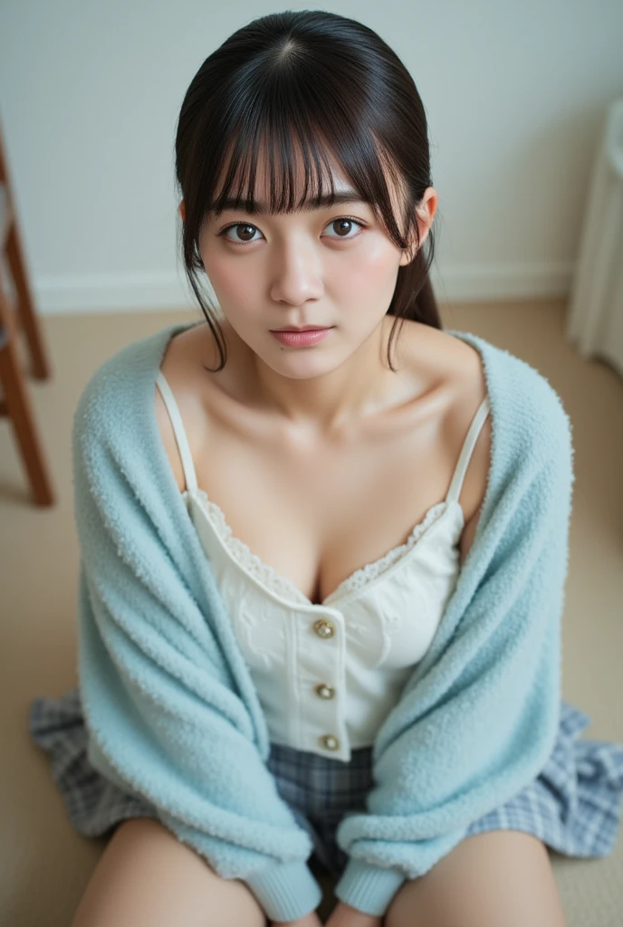 masterpiece, highest quality, 8k, 20th Generation, Large Breasts, cute, alone, sad, cute, Girlish, Delicate girl, Pure beauty, RAW Photos, Professional photography, Portraiture, Soft Light, Professional Lighting, Backlight, Head to Knee, avert your eyes, Sophisticated, Film Grain, (Eyes and facial details:1.0), Short floating hair, Beautiful, flowing hair, bangs, (Loose cardigan(Pale green))、(Large Breasts:1.0)、You can see a little cleavage、Micro Mini Skirt、Voluptuous thighs、Dolly Makeup、Odd Eye、The color of the eyes is different on each side