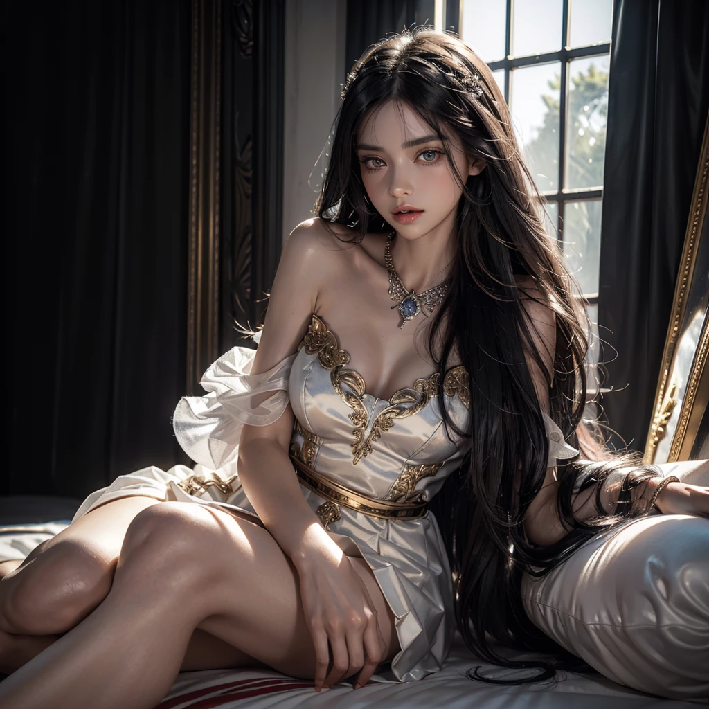 guqinghan, jrys,
high heels,bare shoulders, see-through, jewelry,strapless, collarbone, bracelet, off shoulder,earrings, bow,cleavage, tube dress, strapless dress（(Girl lying in bed))、A beautiful and moving woman, in an elegant pose, her full breasts on display.，Visible cleavage，The skirt is short, Sexy long legs，Variety of slim and cute beauties, Her long hair cascades down her shoulders like a waterfall。She smiles radiantly，Eyes sparkle，Her skin is flawless。Her curves are highlighted。Sparkle in the light，The colors are soft，Perhaps in shades of light pink or lavender。She lay confidently，One hand on hip，Her posture is both graceful and strong。She wears elegant high heels，Goes well with her outfit。In the warm golden sun。The overall atmosphere of the image is tranquil and uplifting，Emphasizing natural beauty and elegance, Studio Lighting,Bright colors, Sweet maiden, sweet smile, make up，shy，Blush，Parted lips，Heavy breathing，moan，Surrealism，Realism，Movie Lighting，Relief，Sony FE GM，Retina，masterpiece，precise，Anatomically correct，Textured Skin，Super Detail，High Detail，best quality，rich and colorful