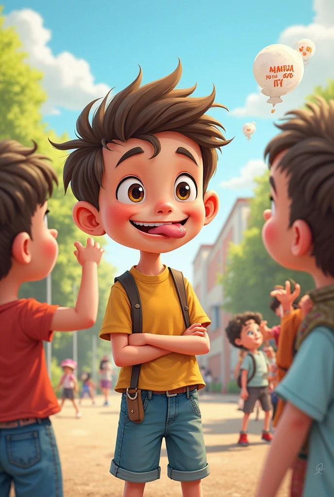A nine year old boy smiling, doing well in school or playing happily with friends.
