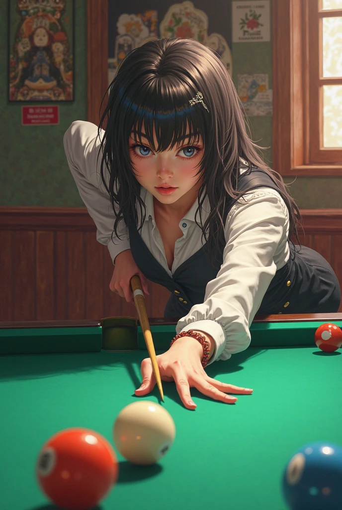 Masterpiece，Best Picture Quality，super detailing，Gorgeous billiards room，A girl with black hair and blue eyes in a sexy short skirt and a beautiful figure sits on a pool table，Invitations to billiards are issued with clubs in hand，Compositional big perspective，The light from the back window is backlighted，独奏，Extremely detailed eyes，close-up on legs，blacksilk