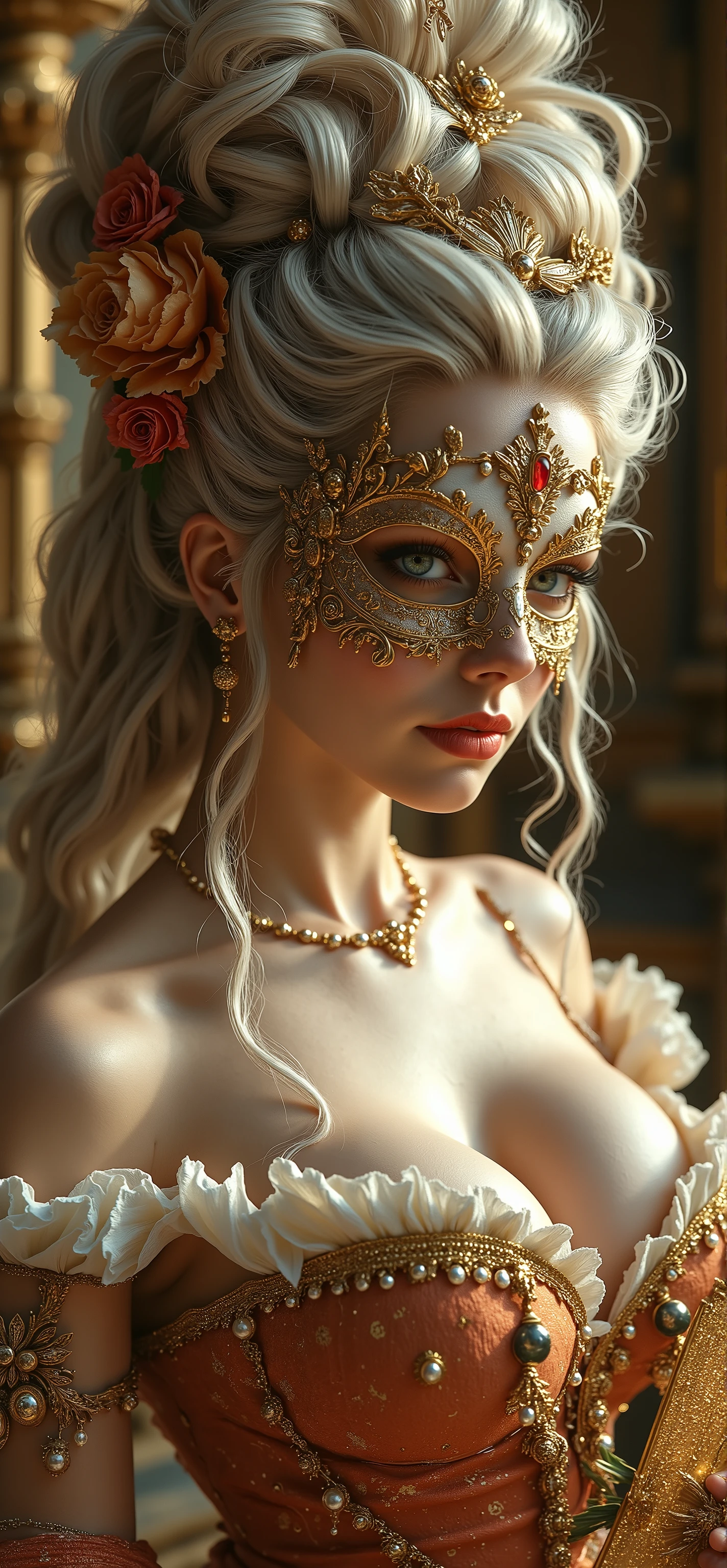 (Best quality, realistic, ultra detailed, UHD, view from afar , looking at the camera), **"Marie Antoinette, radiant like a goddess, enveloped in pure luxury. her skin flawless, ivory-colored, delicately powdered, with a touch of rouge on the cheeks. her lips – full, seductive, a deep garnet red. her gaze penetrating , challenging, hidden behind an ornate golden mask with filigree ornaments and fine feathers. gigantic breasts, cleavage, big ass, hourglass figure, slim waist, full body view
her hair – piled high, a masterpiece of white blond curls, artfully pinned, voluminous, almost sky-high. pearls, roses, golden pins, fine silk ribbons – every detail perfect set. Single strands fall playfully over her neck, a touch of playfulness in the midst of royal splendor.
Your dress? shimmering brocade, finest lace, opulent embroidery. her décolleté deep, bewitching – yet hidden. a magnificent fan, richly decorated, artfully held, conceals, what can only be guessed at. a gesture, a slight hint - a game between revelation and mystery.
Versailles shines in golden light, music fills the air, fine fabrics rustle, masked guests whisper secret promises. But everything revolves around her - the Queen of the Night, the undisputed ruler of masquerade and temptation."**high resolution, white blond hair, hair accessories, jewelry, Anatomically correct, high quality,
