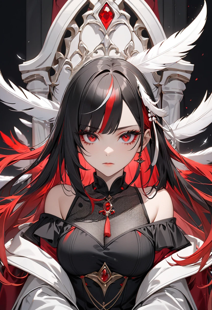 masterpiece, Score_9, Score_8_up, Score_7_up, front view, 1 woman, alone, black hair with red streaks, long hair, hair, no bangs, long front hair all red eyes, beautiful eyes, detailed eyes, narrowed eyes, silent mouth, no expression, smooth skin, big breasts, cool dark black clothes, wearing a white sleeveless robe, silver jewelry necklace with red diamond stones, sleeveless shirt, black pants, best quality, almost body.