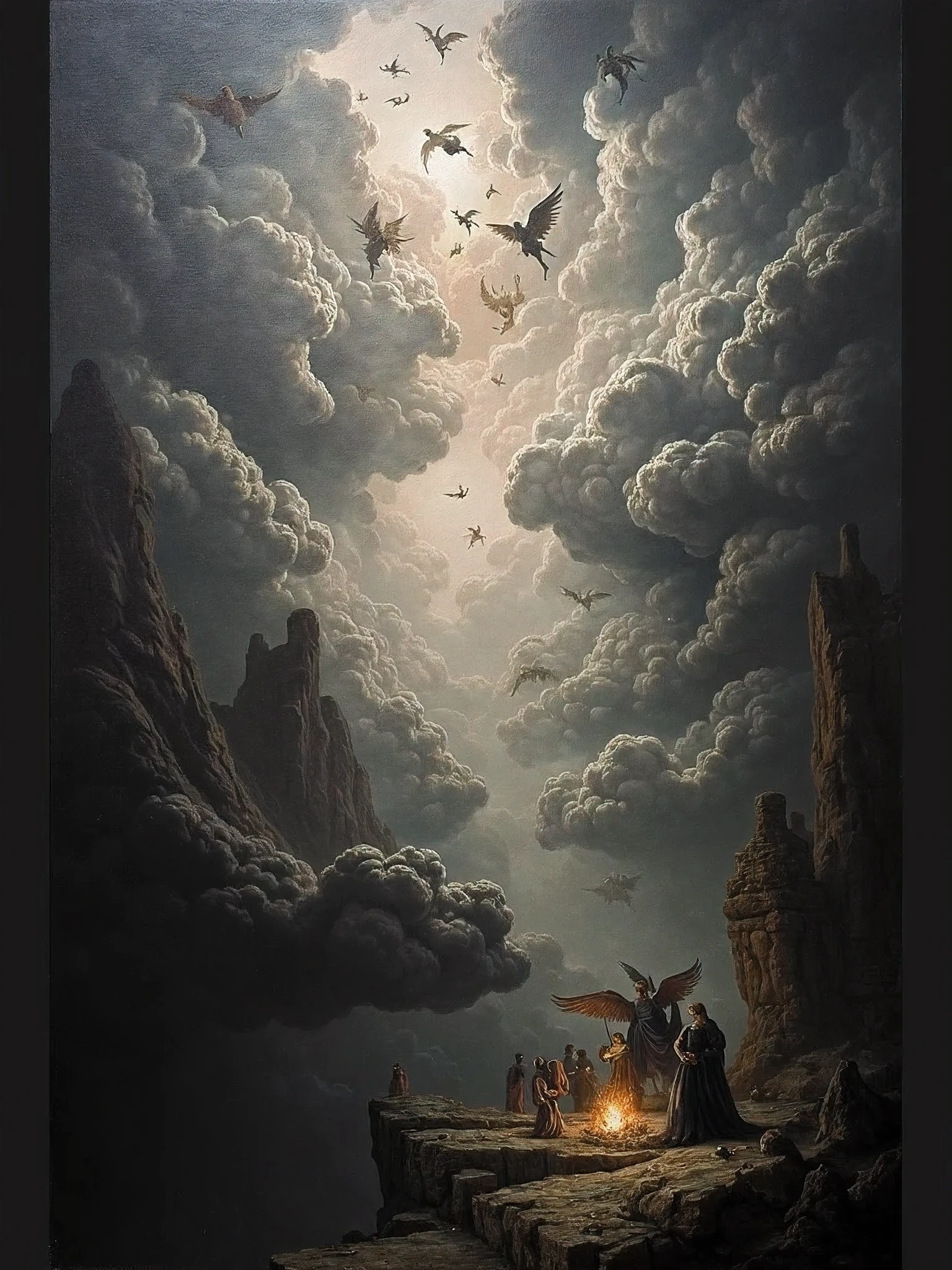 An Epic dark late classical gothic horror Romantic, detailed impasto thick brush details oil painting, dark late century mysticism, supernatural and terrifying yet fascinating masterpiece of an epic battle of good and evil, a group of angels in a monstrous and awe inspiring battle with demons, dark gothic esoterica vivid and ominous dark art, angels and demons lore, incredible detail, visual marvel, the smoky dark thick clouds from the raging battle in the sky creates a feeling of existential dread,nightmarefuel, gothic horror, ancient religion and fantastical folklore rich and textured, foreboding, moody and atmospheric art by MFrancisco Goya, Naoto Hattori*, Salvador Dalí, ominous sky, john Jude Palencar, Gris Grimly, Zdzisław Beksiński*the sky is a vivid dark sinister and black and white smoke from the heavens, defeated angels and demons fall to earth, as they battle to the end, post apocalyptic and dramatic storm clouds, andcinematic composition I’m in the sky, epic scale, intricate details, spectacular artistic fusion, massive scale::1.6, incredible proportions, unnerving and harrowing, alternative history, ritualistic horror anthology, creepy eerie unsettling existential dread, subliminal horror