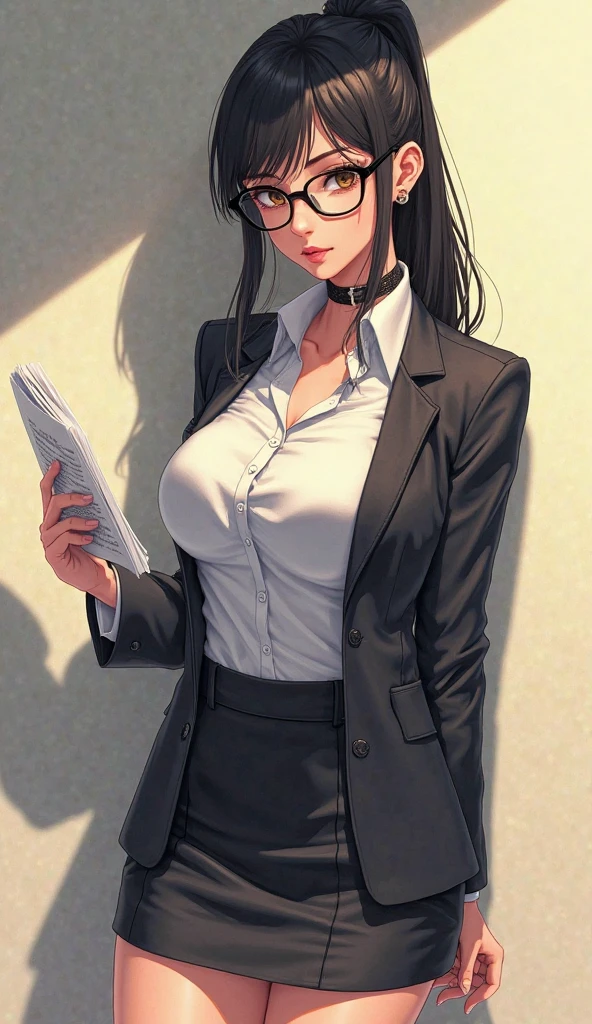 (Best quality:1.1), (Masterpiece:1.2), Highqualityshadow, Beautiful detailed, Beautiful face, Detailed eyes, Off-the-shoulder attire,Depth of field, A high resolution, Best shadow, Best illumination, 1girll, view the viewer, (Black hair:1.3),Brush cut,extra very short hair, Blunt bangs, Long hair, Black eyes, Shy, Large breasts, Miniskirt, blouse, Blazer, Pump, Office Lady, Glasses,cleavage,looks into camera,ssmile,closeup cleavage,Superskirt