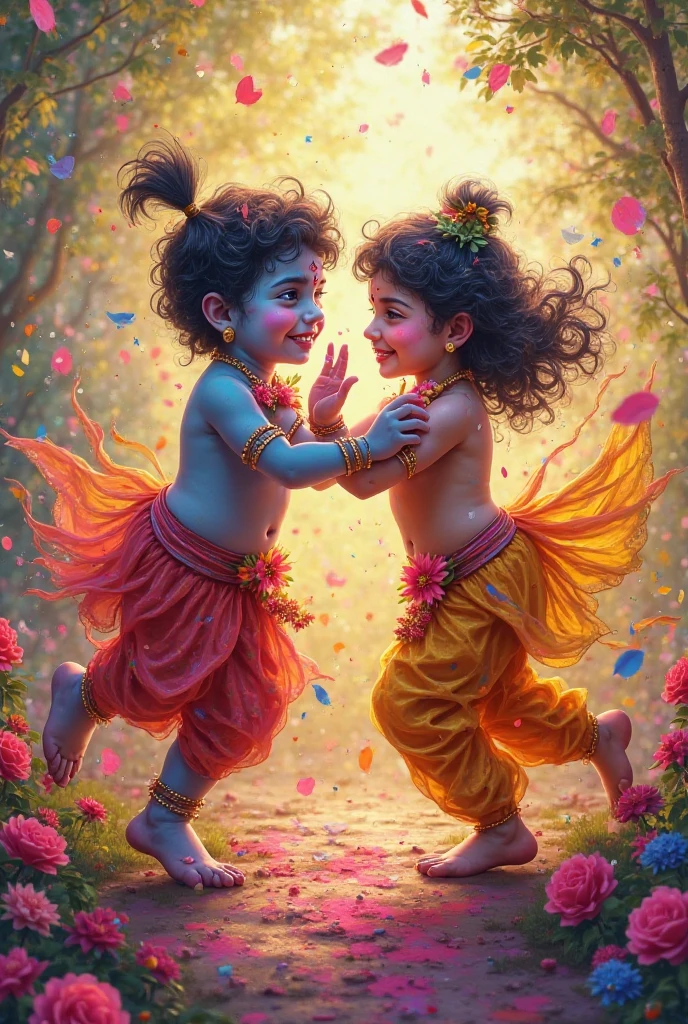 Goddess Radha and Lord Krishna as childs playing in the garden , Indian God, 8K render