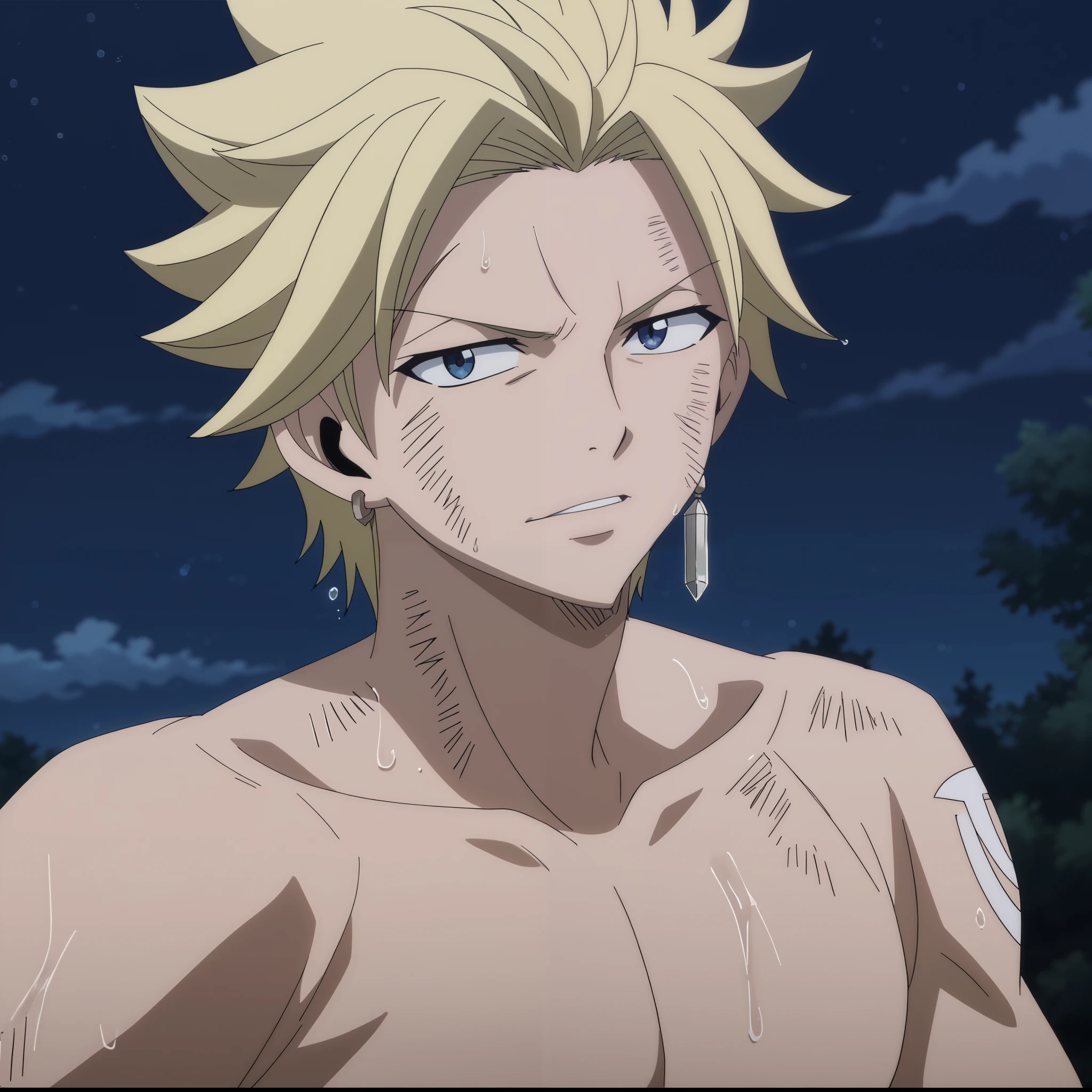 looking at viewer, score_9, score_8_up, score_7_up, source_anime, StingFT, Sting blonde hair, light yellow Sting, 1boy, male focus, anime screencap, dark night sky background with soft shadows, soft blue lighting highlighting his features, high-quality anime details, vivid colors, score_9, score_8_up, score_7_up, source_anime, rating_safe, StingFT, Sting leads blonde hair, light yellow Sting single earring, 1boy, male focus, anime screencap, swiming, wet hair and wet body