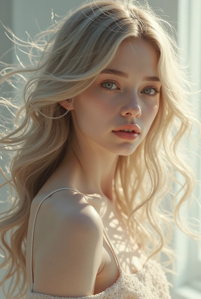 Create a realistic and photorealistic photo image, beautiful girl, blonde wavy hair