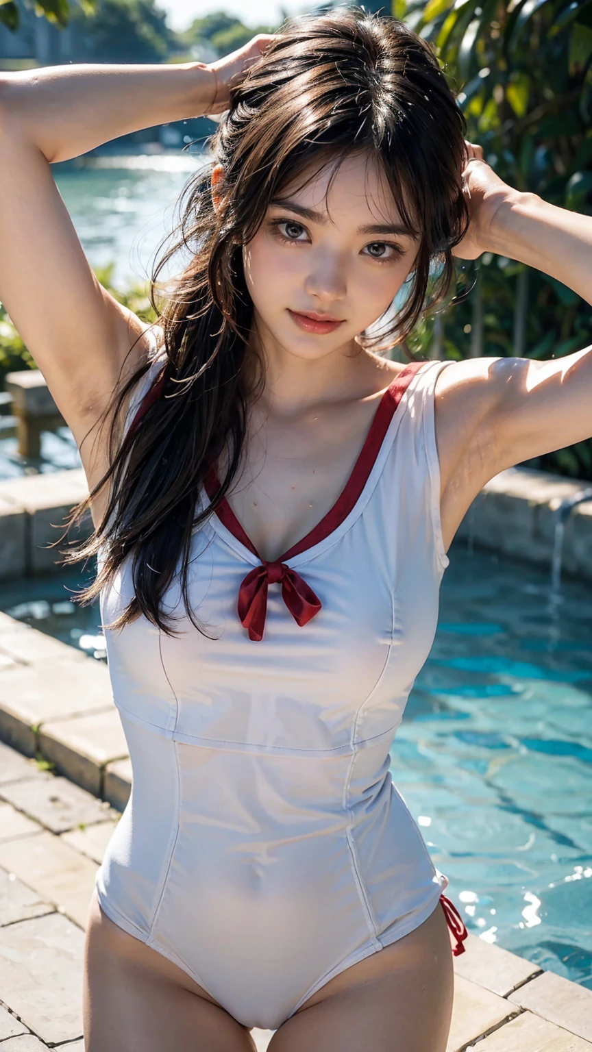 (((very heavy chest))),NSFW, 16k raw photos, highest quality, masterpiece, ultra high resolution, (((closed-fitting white compression high-leg (school swimsuit):1.3), (emphasized body line:1.2))).movie, 1 girl,((attractive expression)),eyes shine、 looking at the viewer, 自然な肌の質感very heavy chest))),((( metal black ribbon around the neck))).star handle mold、((yellow eyes)),Realistic eye and face details, lip whole, lipstick makeup), fluffy ponytail hair, laughter, 美feet, tall woman, ((glowing skin)),((美しいarmpit)), slim_feet, huge breasts, cleavage, beautiful natural places, beautiful flower garden、(detailed background,highly exposed, huge breasts, blurred background,, 首元にjk ribbon, jk ribbon, golden hair, bracelet, water, bangs, split your lips、armpit、beautiful hip line、glowing skin、(((eyes shine brightly))),lotion skin、High leg、((black hair)),highly exposed、highly exposed、Beautiful pool background、wind effect、