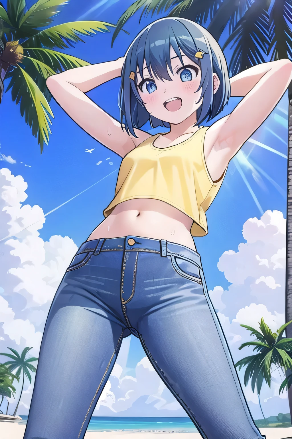 masterpiece, best quality, ultra detail, ((Perfect Face, perfect eyes, perfect hair, perfect arm)), 1girl, , peti ((round face, ecstasy, orgasm face, drooping eyes, shame smiling, blush)), dropping eyes, sleepy, Open mouth, ((White teeth)), background((under the beach, (day:1.2), palm tree, bright sky)), miku hatsune, ahoge, (blue eyes:1.2), (dark blue hair:1.4), crossed bangs, hair between eyes, hair ornament, (bob cut:1.4), (straight hair:1.7), ((arms behind head, hands behind head, fingers behind head)), ((contrapposto)), spread armpits, looking at viewer, (light yellow tank top:1.7), (light yellow crop top:1.7), (jeans pants:1.2, flares jeans:1.2, skinny jeans:1.2, blue jeans:1.2), standing, (legs spread:1.4), sex pose, Sweaty crotch, Steam from the crotch, from below, whole body