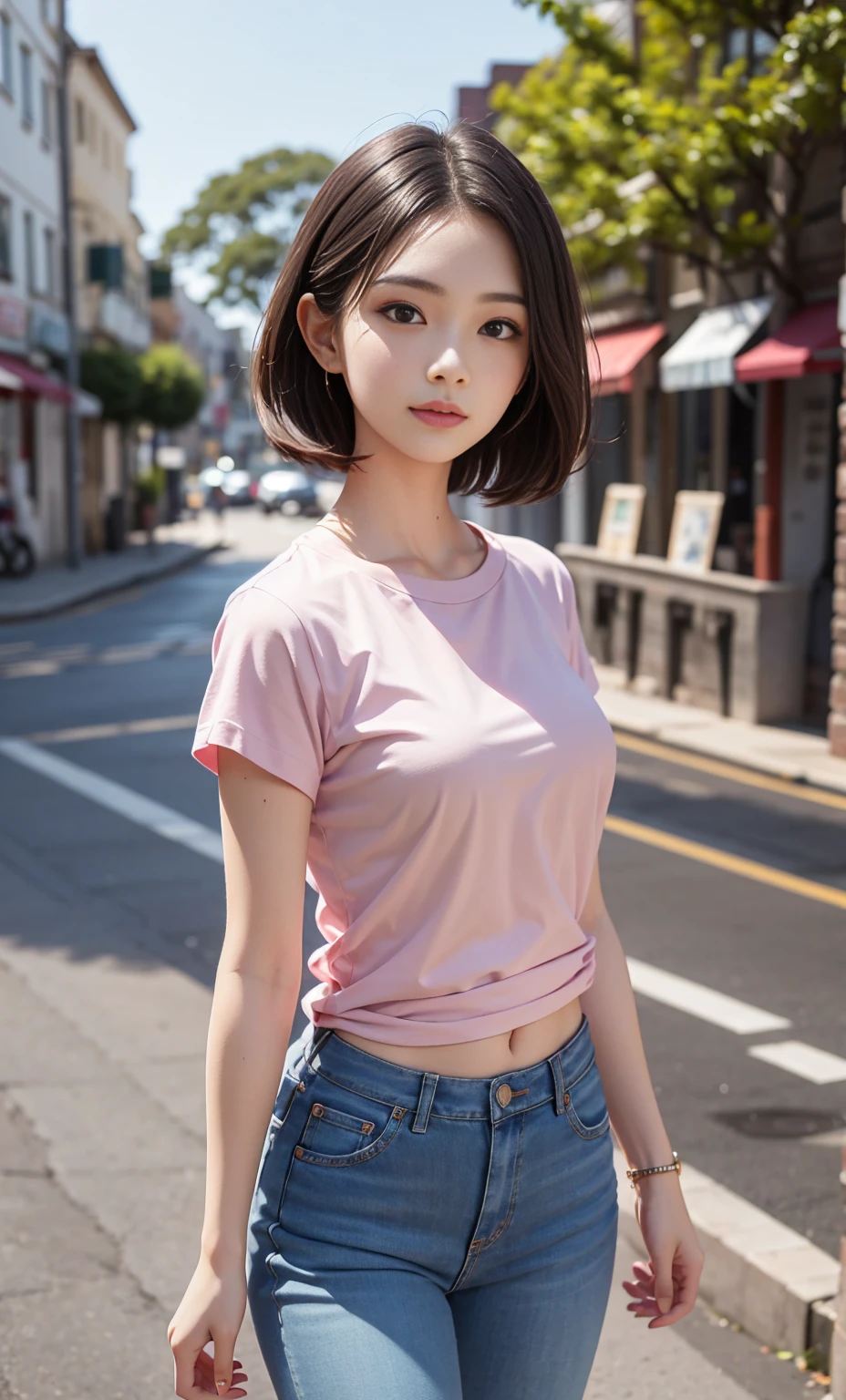 The beauty of 8K raw photos:2.0, Japanese woman, short hair, beautiful face and dark eyes, looking down, looking at the viewer:1.5, big smile, wet hair, tiny top, (denim mini skirt and pink shirts:1.2), shinny skin, open wide legs, realistic:1.9, very detailed, full body shot:1.2, High resolution RAW color photos, professional photos, Taken at the urban city street, girl sexy portrait