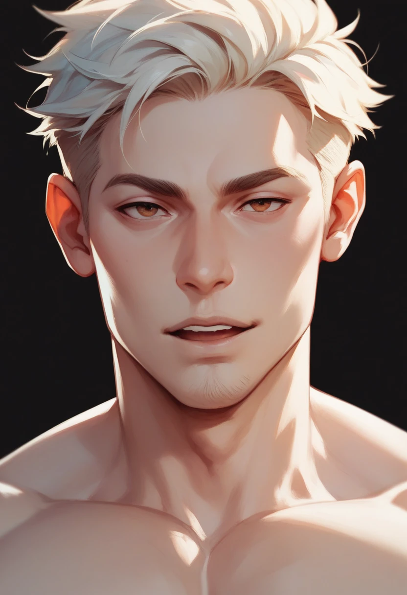 Photography, BALENCIAGA, best quality, 1 boy, man, sharp face, defined face, defined sculptural face, white skin, pale skin, white hair, straight bangs,muscular, satado, big arms, big pectoral, bathtub pose, water, white bathtub, light blue water, light light, sexy pose, man, bathtub, foam