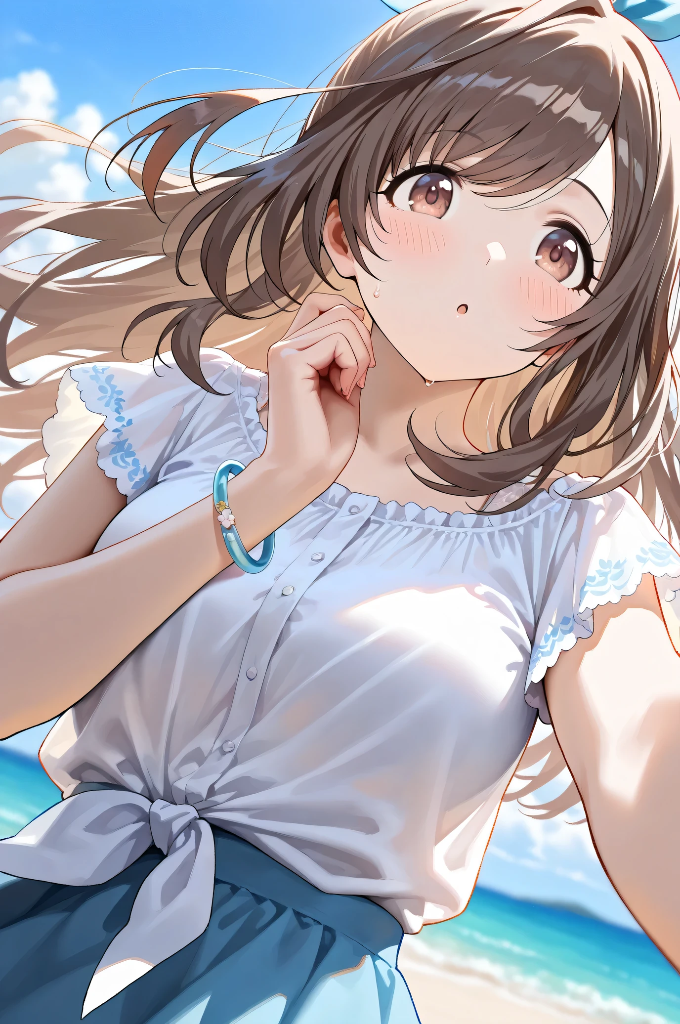 (Masterpiece:1.2), (Highest quality:1.1),
(Very detailed), (The best shape), (Best shadow), (Absurd), (Detailed Background), (So beautiful),
Shiny, Beautiful eyes in every detail, Extraordinary, Countershading, 8k, 32K, High resolution,
Very Detailed CG ,
Score_9, Score_8_up, Score_7_up, Source_anime,
(Pastel painting:1.2), (Watercolor painting:1.2),
(Masterpiece, Detailed:1.2), (Foreshortening:1.2),
Cinematic, Dramatic, (Depth of field:1.4),
(Blurry background:1.4), (Realistic background:1.4),
1 girl, Solo, Dynamic angle, (from below:1.3),
Outdoors, (Coast:1.2), Beach, Wind, (Blue sky:0.8),
Tsukioka Kogane,
the idolmaster shiny colors,
(Brown eyes:1.3), (Brown hair:1.1), Ponytail,
Hair ribbon, Light blue hair ribbon,
(Casual wear:1.3),
(Linen color shirt:1.4), Ruffled cuffs, (Shirt hem:1.2),
(Shirt with tied ends:1.3), short sleeves shirt,
Skirt, Blue skirt, (Gradient skirt:0.8),
Bracelet, Wear a bracelet on her right hand,
(Blush:1.3),
(Close up shot:1.2),
Sweat,
Focus on face,
Realistic skin,
Shiny skin,