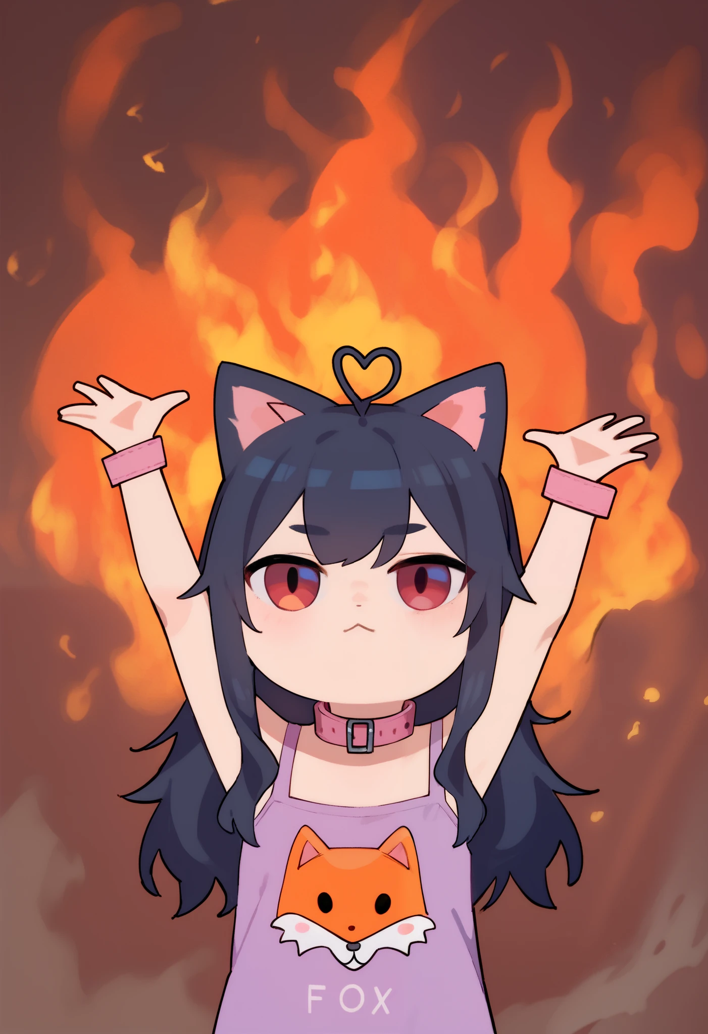 score_9, score_8_up, score_7_up, 1girl, chibi, arms up, fire, outstretched arms, upper Body, burning, cat ears, red eyes, long hair, black hair, (Ahoge), straight bangs,, collar,