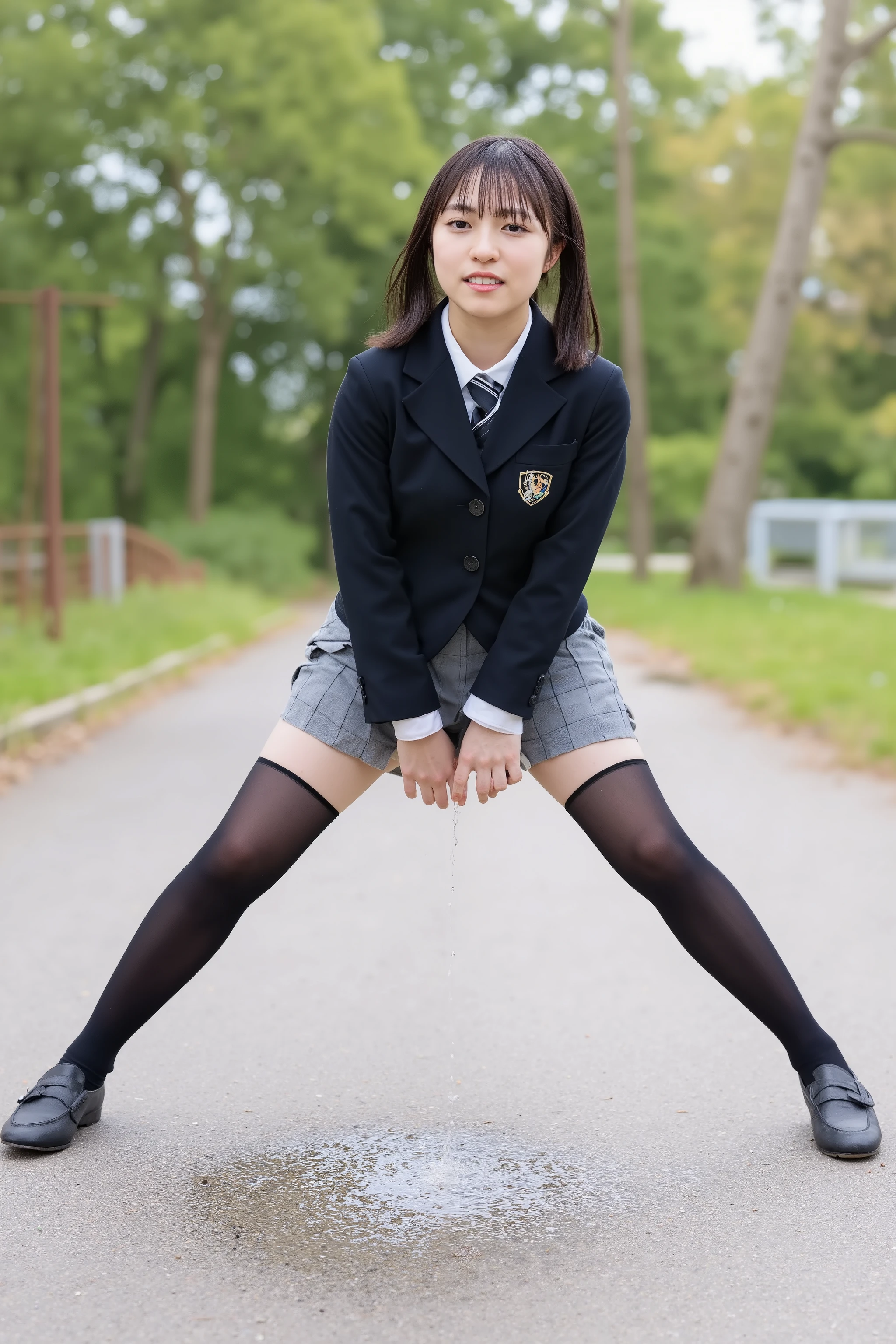A high resolution photograph of a Japanese young woman, fashion shoot, full body, face focus, black hair with bangs, snow-like skin, fine-textured skin, (school uniform, black thighhighs, loafers), (peeing self while standing leaning forward in a half-squatting position with spread legs apart, feet apart, both hands behind head:1.4), urine puddle, urine stream, joyful expression, looking at the camera, (front view, view from below), detailed hand, detailed fingers, perfect hand, outdoors,