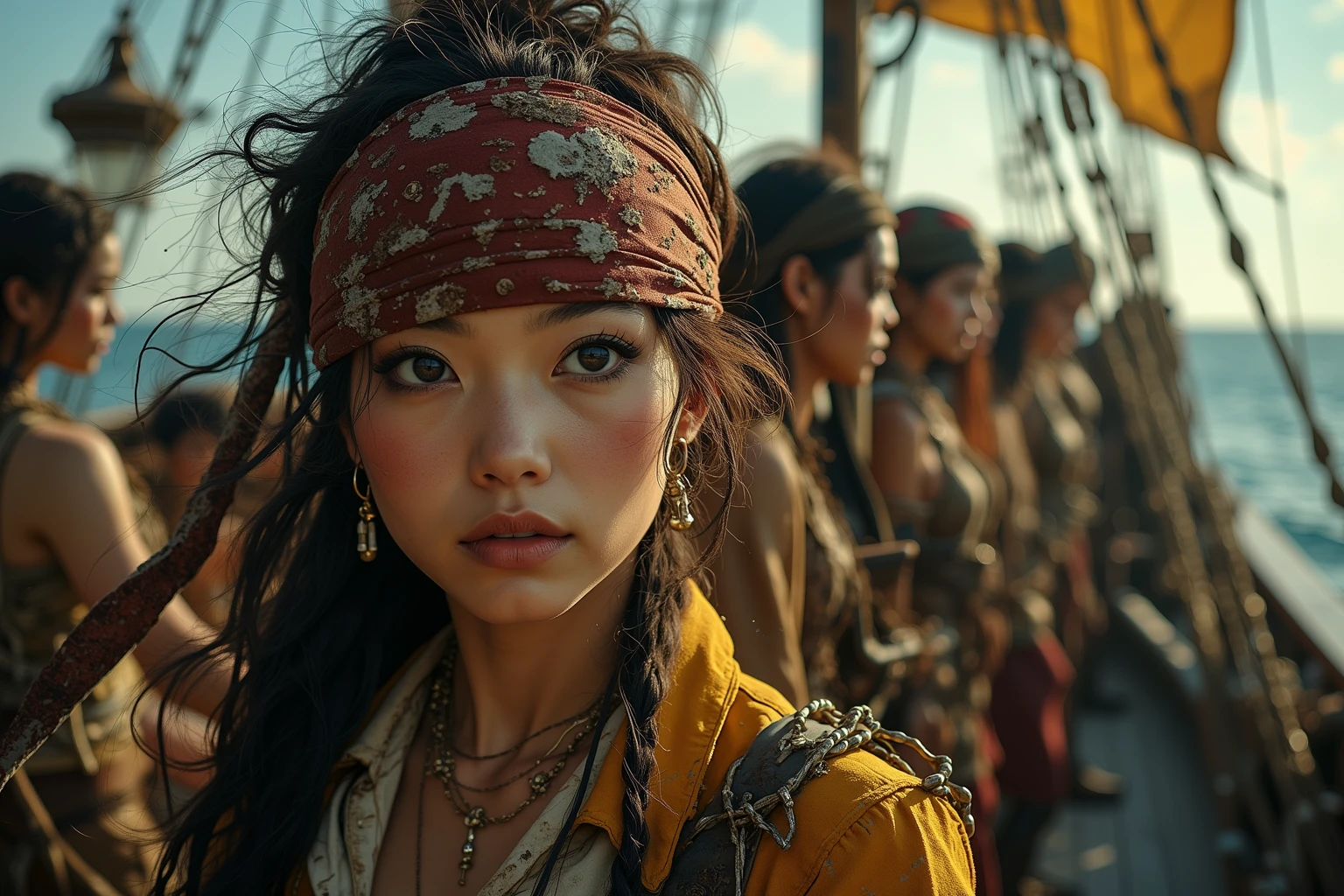Beautiful Alluring Female pirate jenna ortega, Bare oily Skin, Athletic Well Toned Body, open vest, frilly revealing white shirt, pirate pants, leather belt, red bandana, cleavage, Barely Clothed, pirate theme Theme, nautical theme, Beautiful D&D Character Portrait, Beautiful Face, Ominous, Dark Fantasy, Fiverr Dnd Character, Octane Render, Digital Art, Extreme Detail, 4k, Ultra Hd, Polished, Beautiful, Hyperdetailed, Intricate, Elaborate, Meticulous, Photorealistic, Sharp Focus, Wlop, Character Design, Unreal Engine, 3d Rendered, Volumetric Lighting, Reflections, Glossy, Digital Illustration, Sensual Pose, Suggestive Pose, Full Body Shot, exposed breasts, small perky breasts, visible nipples, (subtle ndity:1.2)
