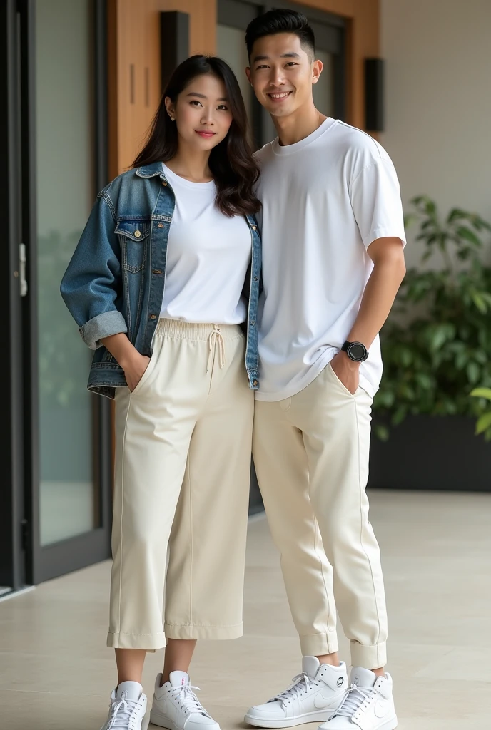 photorealism:1.2), Indonesian man with thin and ,short (short) ,haircut (short slicked back) ,memakai sweater putih dan gray jeans casual shoes ,with an Indonesian woman next to him, wearing a gray hijab with a white sweater,gray jeans ,casual shoes ,the woman is wearing sunglasses with (wink expression),background silver