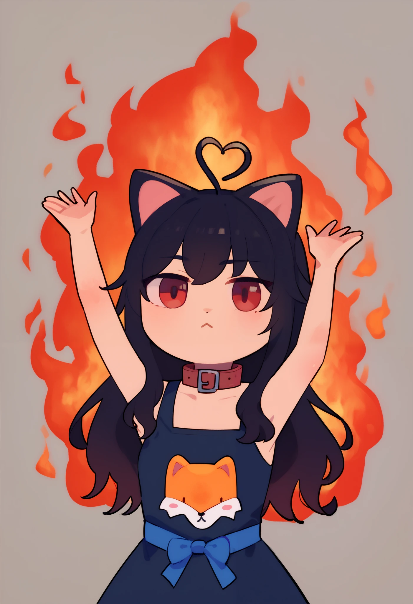 score_9, score_8_up, score_7_up, 1girl, chibi, arms up, fire, outstretch.6ed arms, upper Body, burning, cat ears, red eyes, long hair, black hair, (Ahoge), straight bangs,, collar,
