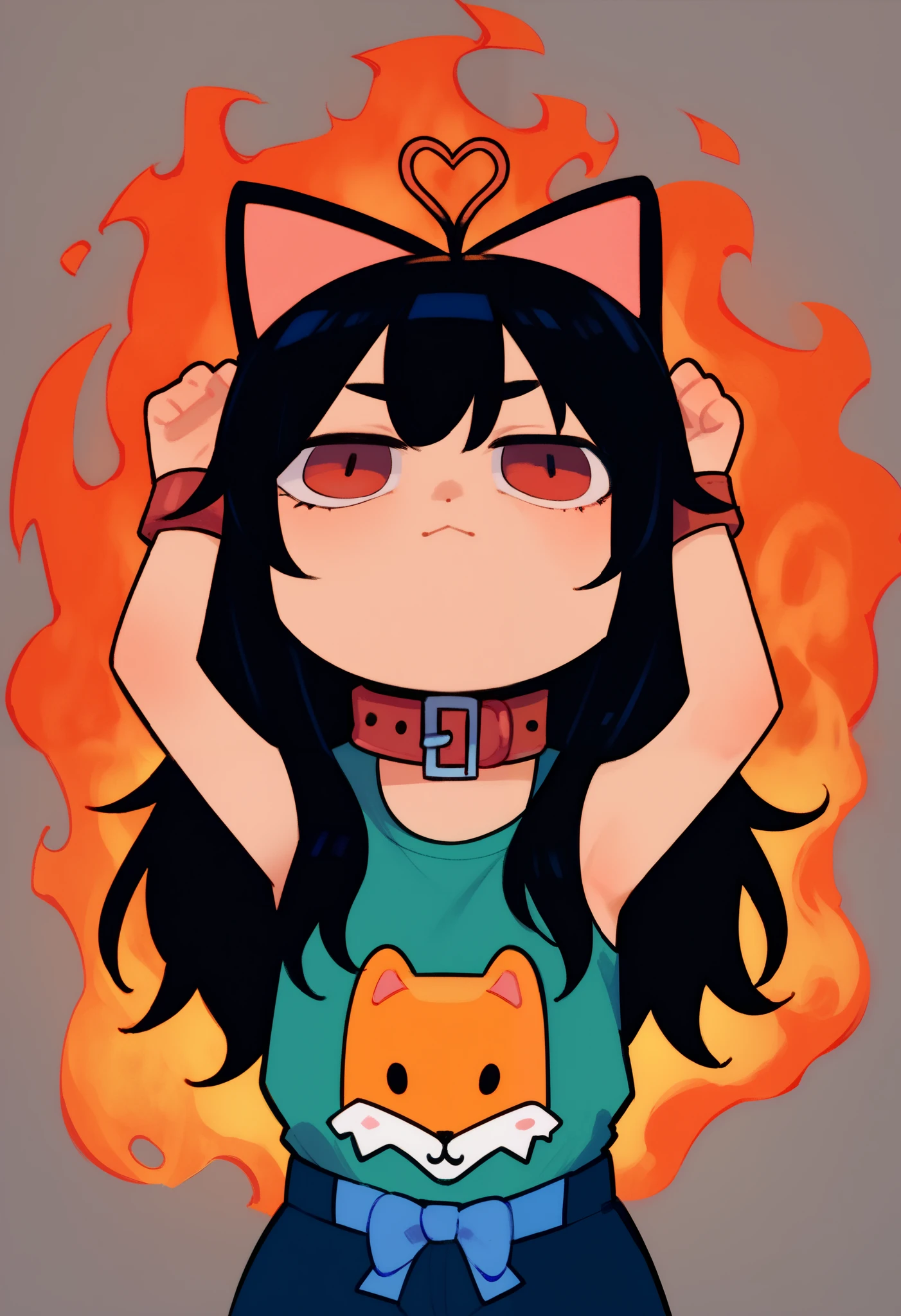 score_9, score_8_up, score_7_up, 1girl, chibi, arms up, fire, outstretch.6ed arms, upper Body, burning, cat ears, red eyes, long hair, black hair, (Ahoge), straight bangs,, collar,