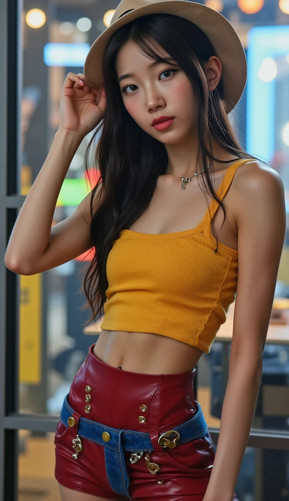 Generate a digital image of a beautiful woman with straight, honey blonde hair styled in a feathered cut. Capture her ((standing with arm crossed)) in a disco club, wearing high-waisted, light wash flare jeans with a frayed hem. Pair the jeans with a burnt orange, silky crop top and a long, gold chain necklace. The background should be a vibrant, retro disco scene with a mirrored disco ball reflecting colorful lights. Use a dynamic shot. Enhance the image with a warm, saturated color palette reminiscent of the 70s and a subtle grain effect for a vintage feel.